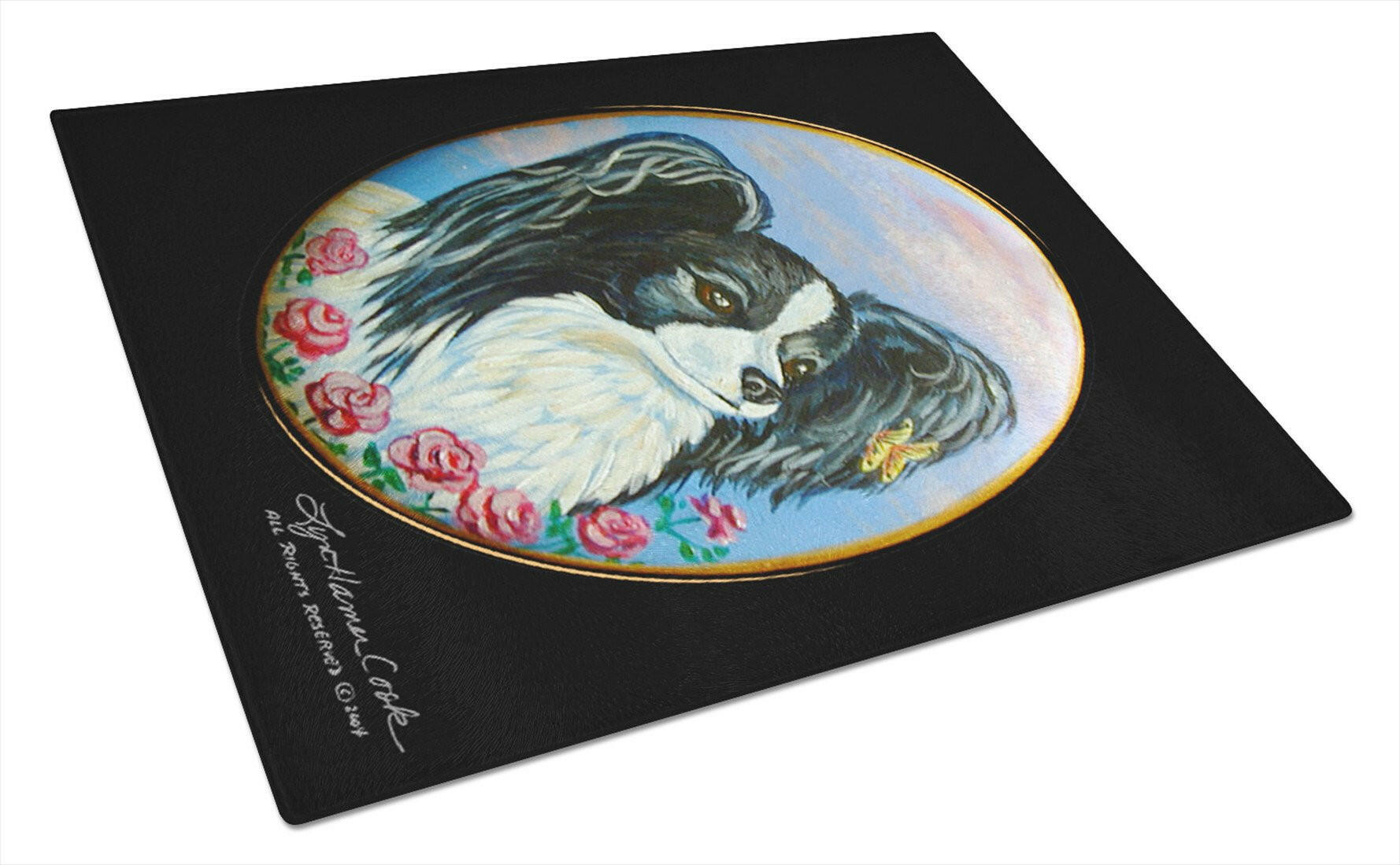 Black and White Papillon Cutting Board Tempered Glass Kitchen Cutting Surface, Heat Resistant Chopping, Non-Slip Feet, Food Prep & Serving