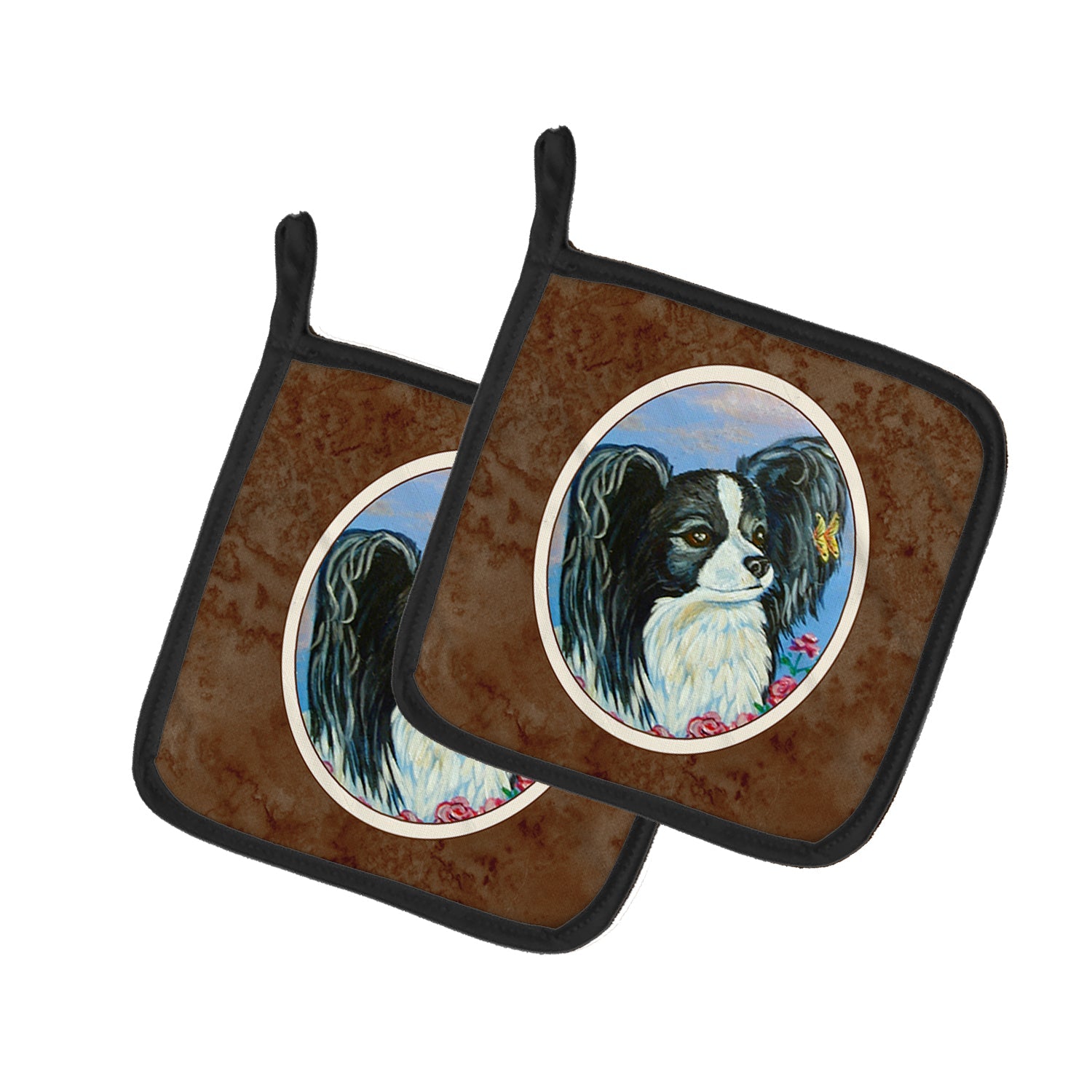 Black and White Papillon Pot Holder Set of 2 Heat Resistant Quilted Hot Pads 7.5 x 7.5 Inch, Insulated Kitchen Trivets for Cooking & Baking