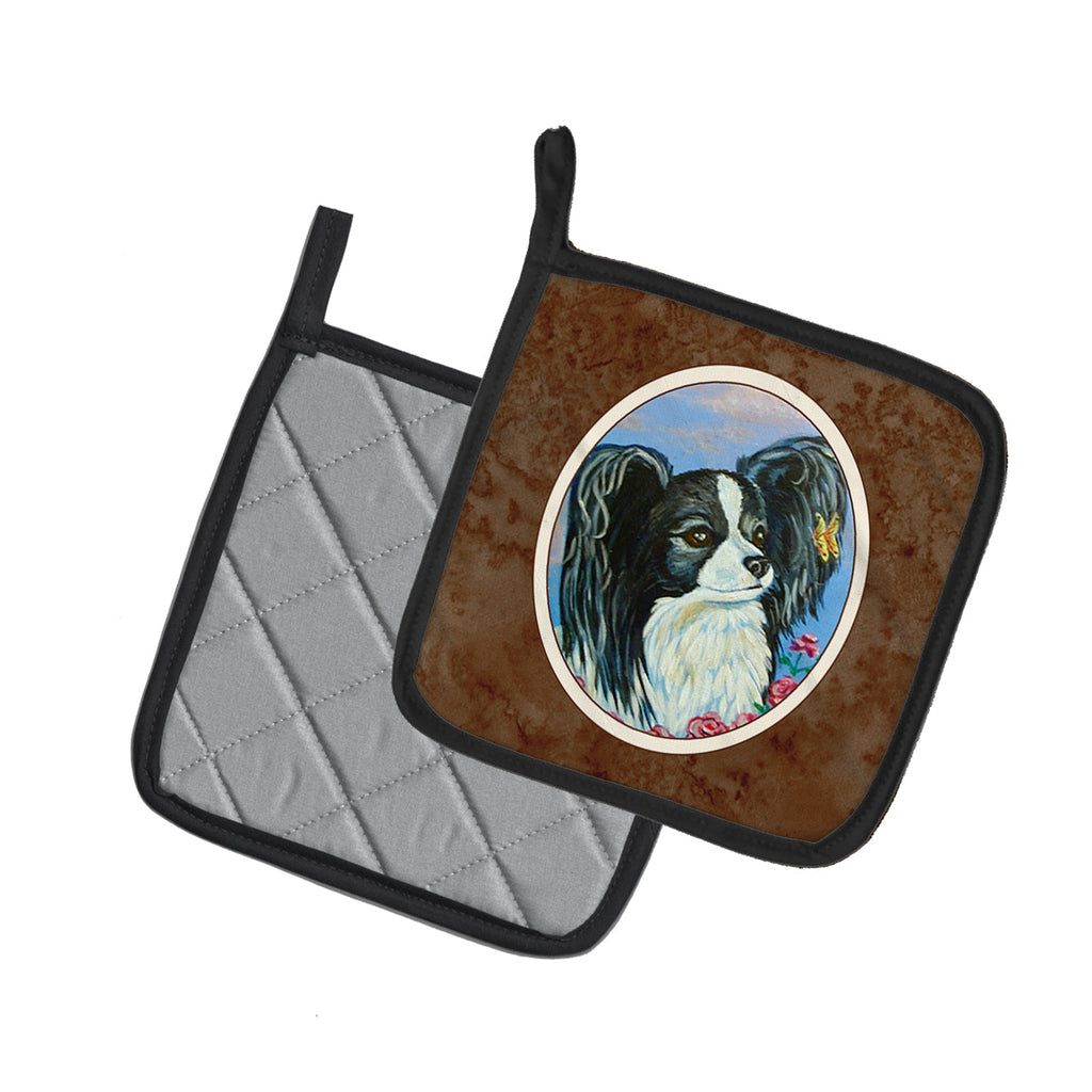 Black and White Papillon Pot Holder Set of 2 Heat Resistant Quilted Hot Pads 7.5 x 7.5 Inch, Insulated Kitchen Trivets for Cooking & Baking