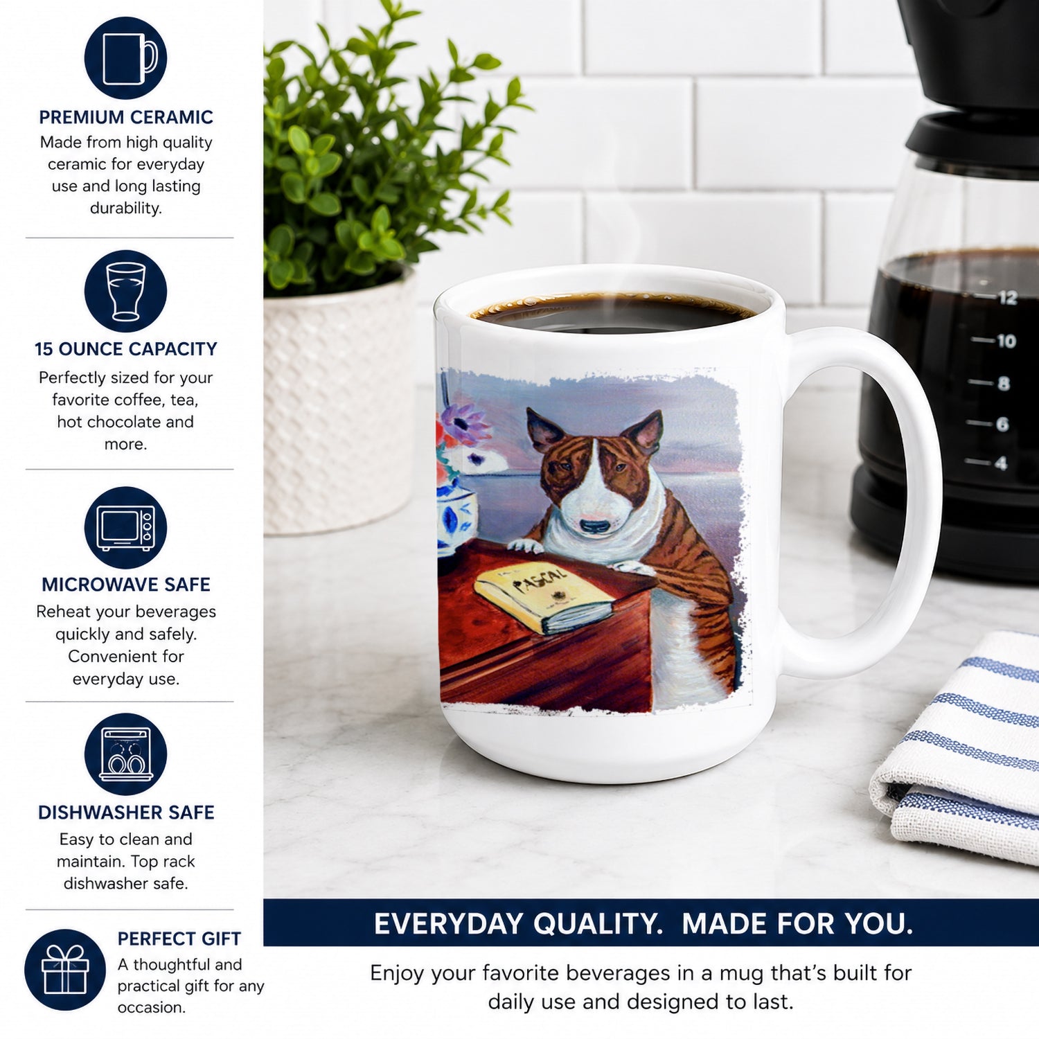 Bull Terrier Ceramic Coffee Mug 15 oz Decorative Large C Handle Mug Cup for Tea, Cocoa Hot Chocolate