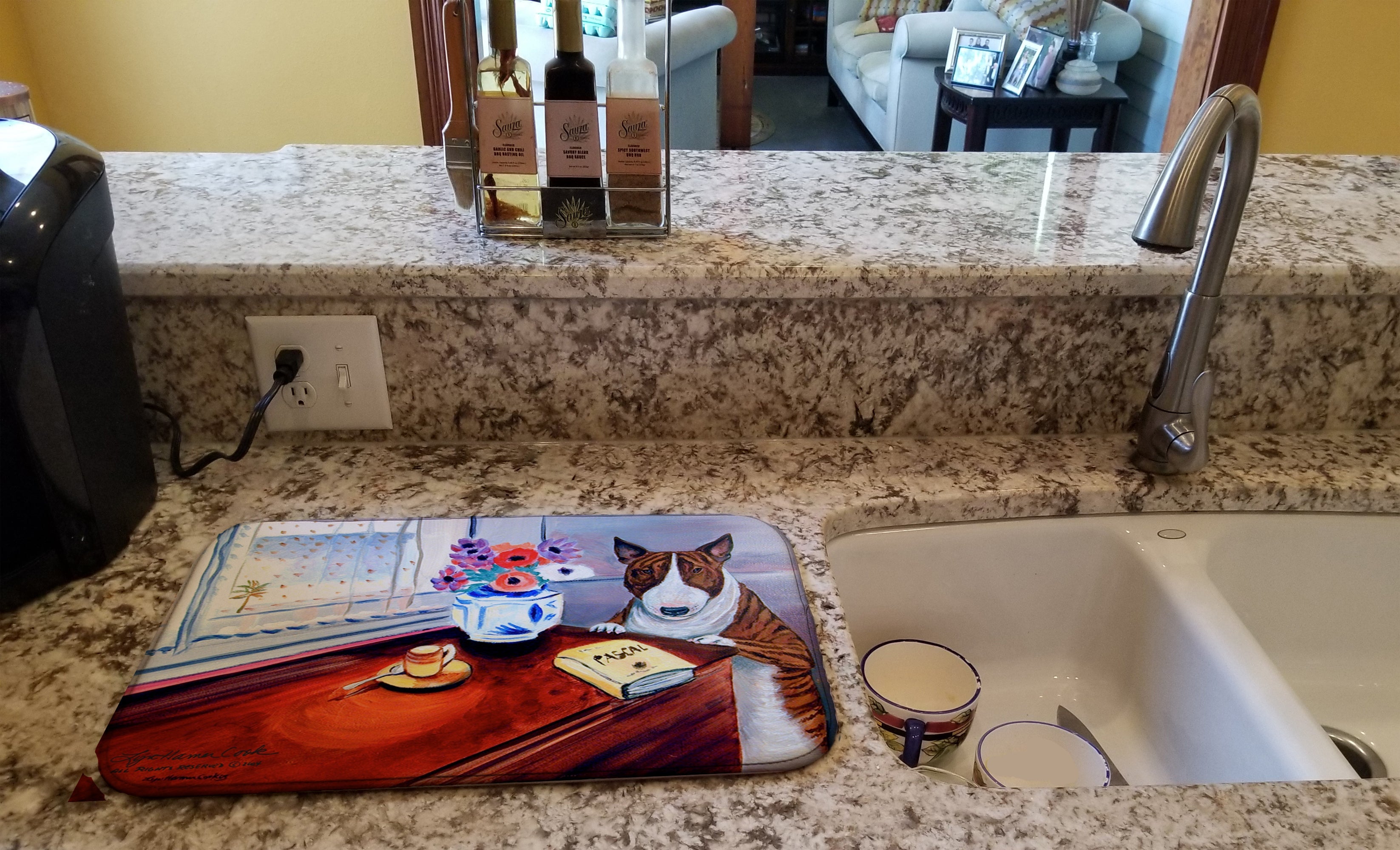 Bull Terrier Dish Drying Mat Absorbent Dish Drying Mat Pad for Kitchen Counter Dish Drainer Mat for Countertop, 14 x 21", Multicolor