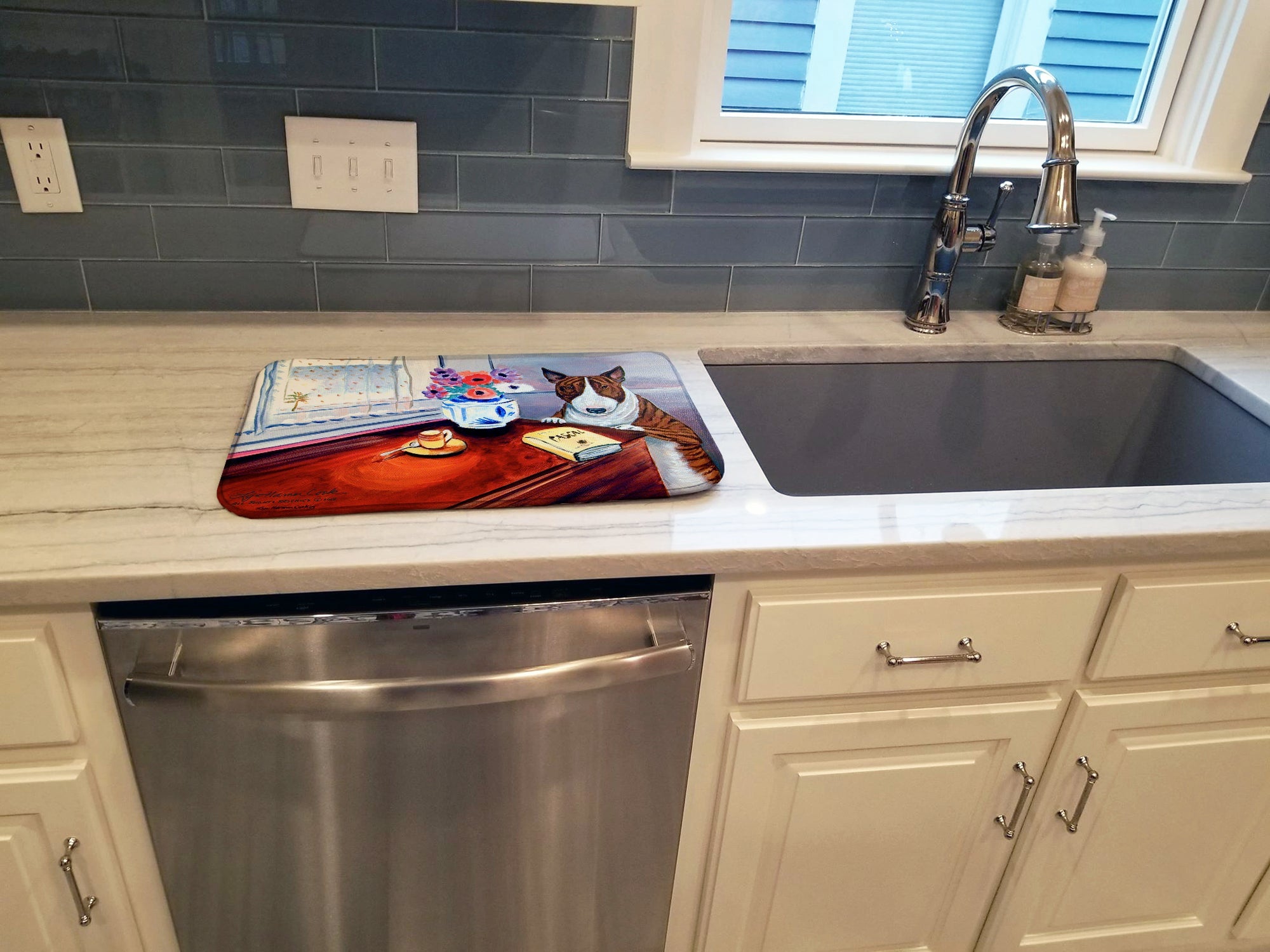 Bull Terrier Dish Drying Mat Absorbent Dish Drying Mat Pad for Kitchen Counter Dish Drainer Mat for Countertop, 14 x 21", Multicolor
