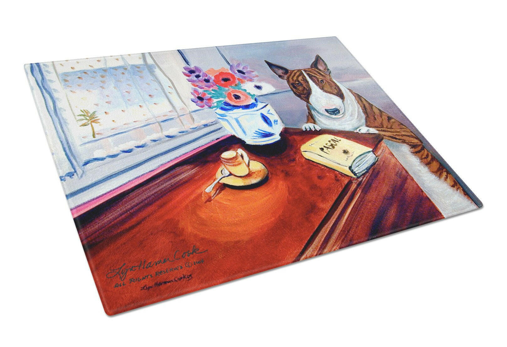 Bull Terrier Cutting Board Tempered Glass Kitchen Cutting Surface, Heat Resistant Chopping, Non-Slip Feet, Food Prep & Serving