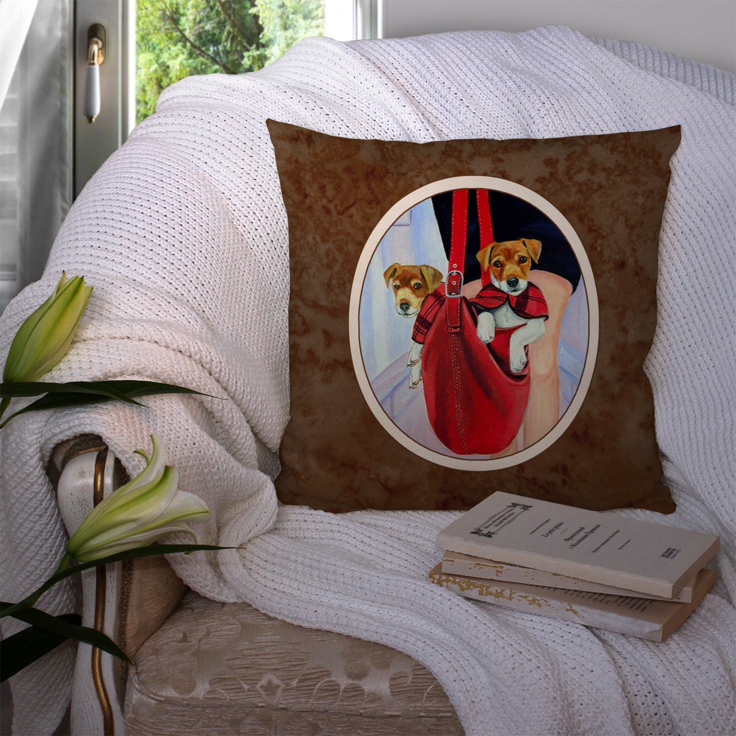 Jack Russell Terrier Decorative Throw Pillow 14x14 Indoor Outdoor Accent Cushion, Fabric Cover with Insert for Sofa, Bed, Porch & Living Room