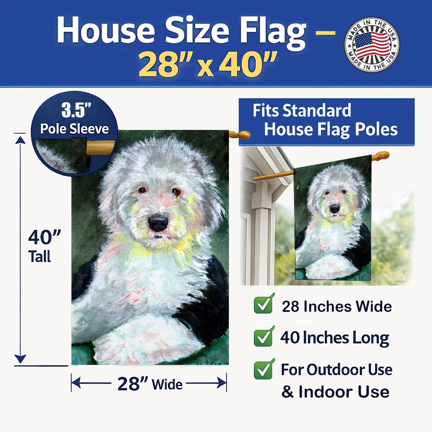 Old English Sheepdog House Flag 28x40 Porch Sleeve Pole Decorative Outside Yard Banner Artwork Wall Hanging, Polyester