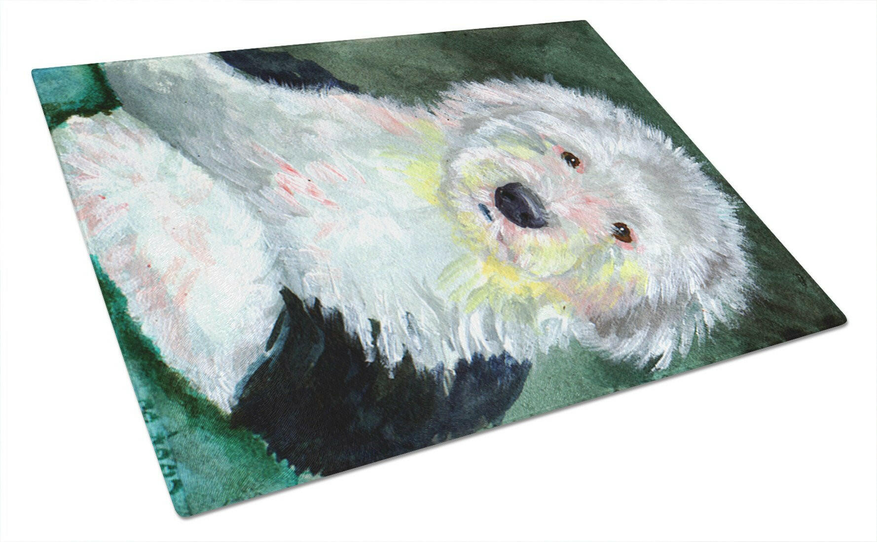 Old English Sheepdog Cutting Board Tempered Glass Kitchen Cutting Surface, Heat Resistant Chopping, Non-Slip Feet, Food Prep & Serving
