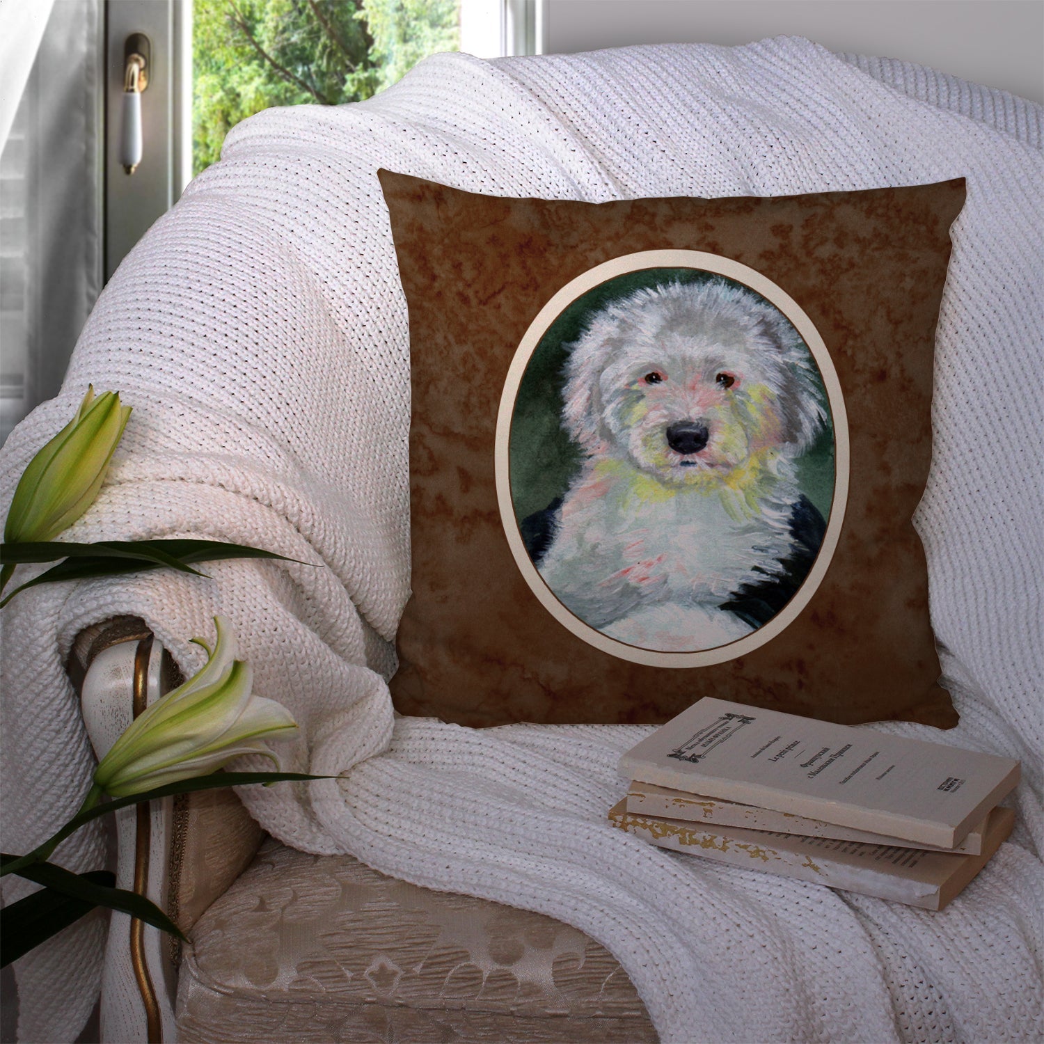 Old English Sheepdog Decorative Throw Pillow 14x14 Indoor Outdoor Accent Cushion, Fabric Cover with Insert for Sofa, Bed, Porch & Living Room