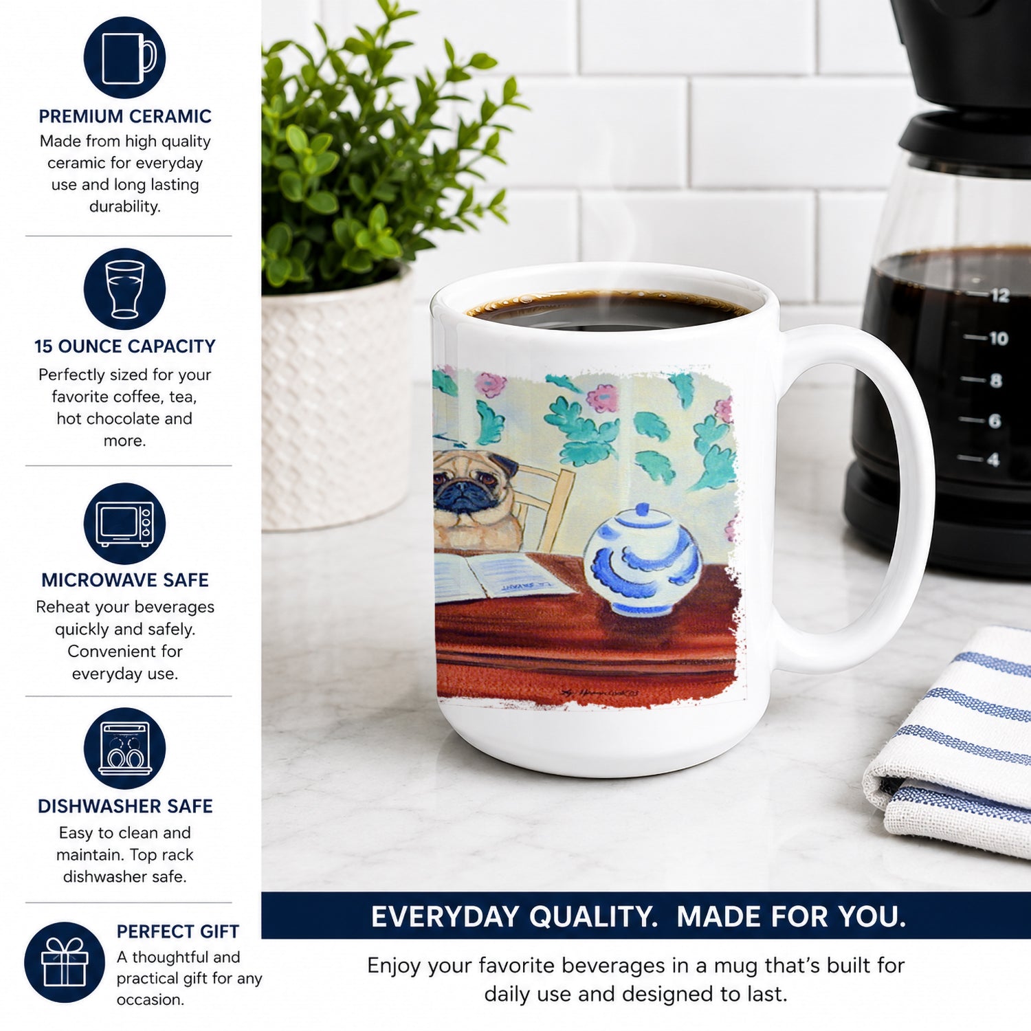 Pug Ceramic Coffee Mug 15 oz Decorative Large C Handle Mug Cup for Tea, Cocoa Hot Chocolate