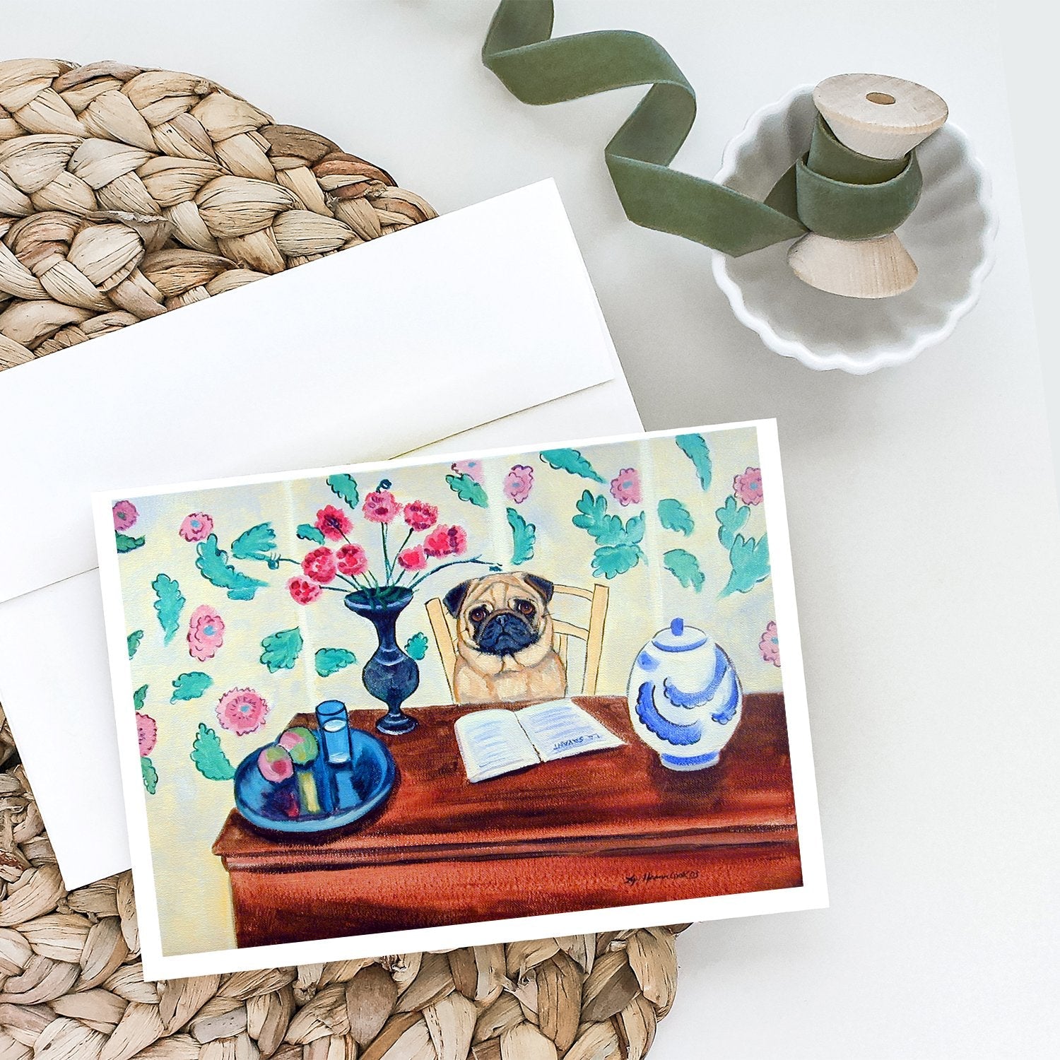 Pug Greeting Cards Pack of 8 Blank Cards with Envelopes Whimsical A7 Size 5x7