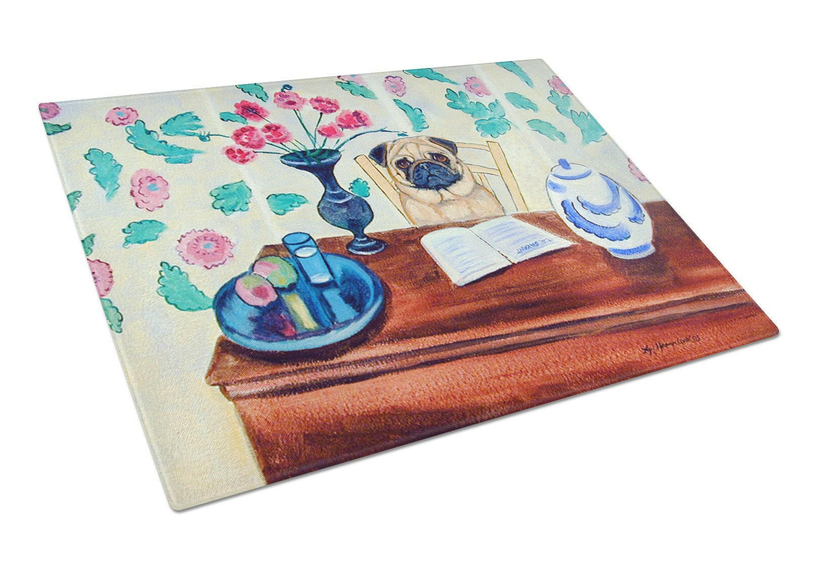 Pug Cutting Board Tempered Glass Kitchen Cutting Surface, Heat Resistant Chopping, Non-Slip Feet, Food Prep & Serving
