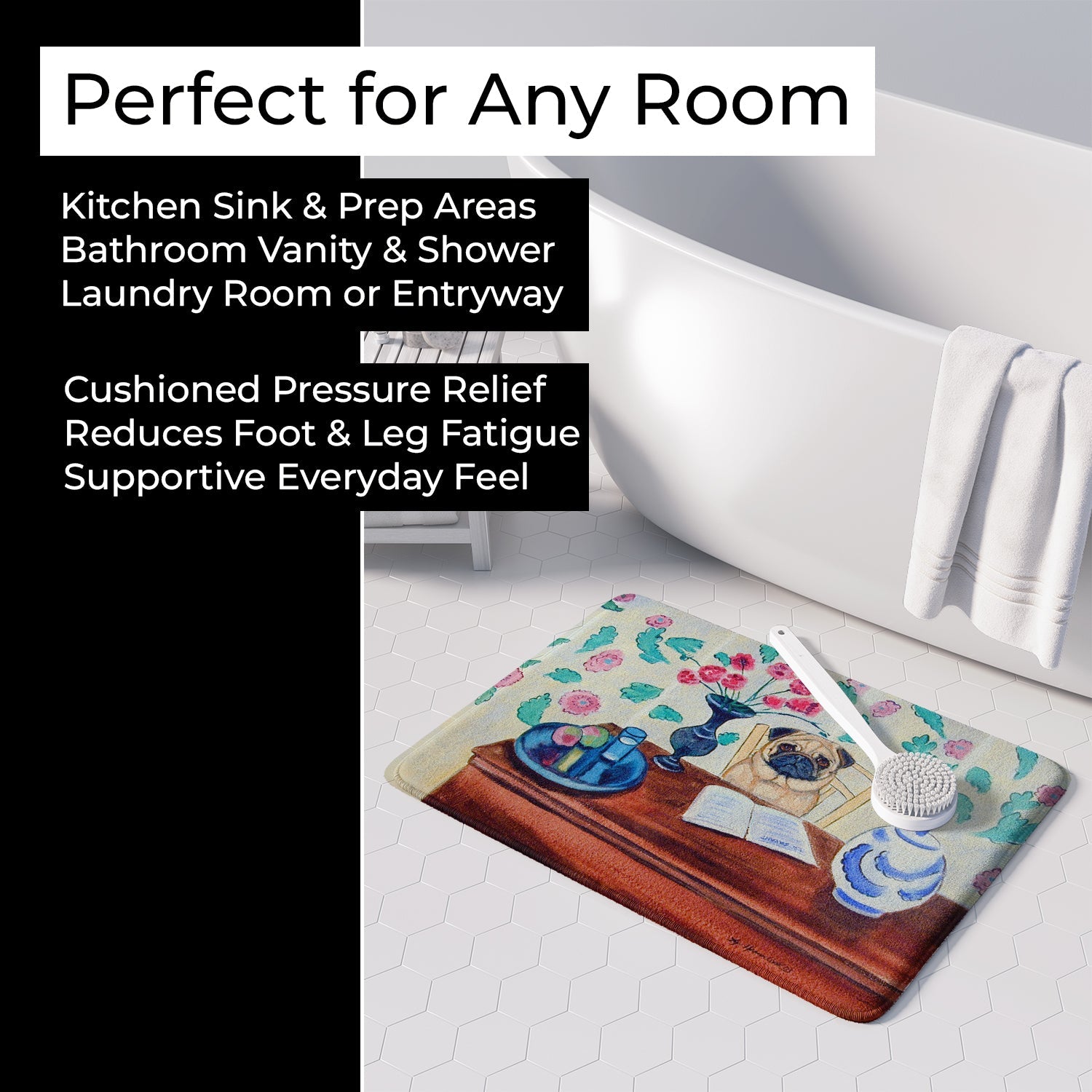 Pug Memory Foam Kitchen Mat Machine Washable Anti-Fatigue Cushion Comfort Bath or Kitchen Rug