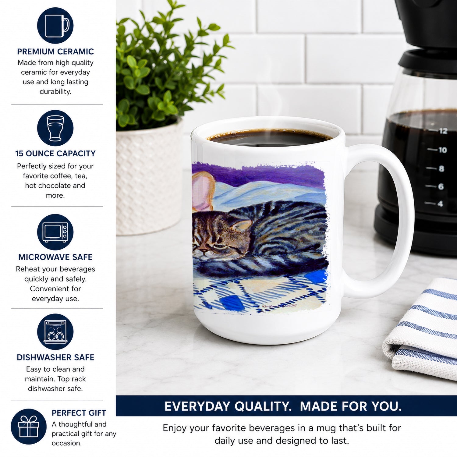 Cat Ceramic Coffee Mug 15 oz Decorative Large C Handle Mug Cup for Tea, Cocoa Hot Chocolate