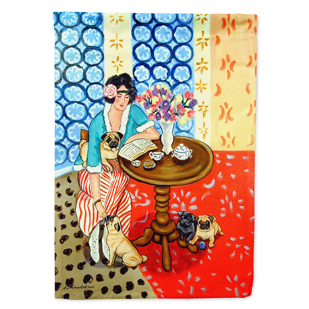 Lady with her Pug House Flag 28x40 Porch Sleeve Pole Decorative Outside Yard Banner Artwork Wall Hanging, Polyester