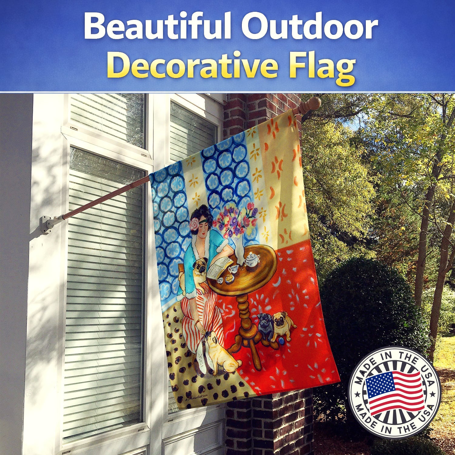 Lady with her Pug House Flag 28x40 Porch Sleeve Pole Decorative Outside Yard Banner Artwork Wall Hanging, Polyester