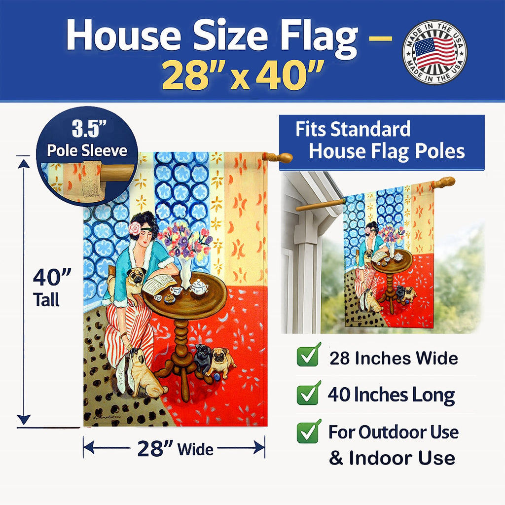 Lady with her Pug House Flag 28x40 Porch Sleeve Pole Decorative Outside Yard Banner Artwork Wall Hanging, Polyester