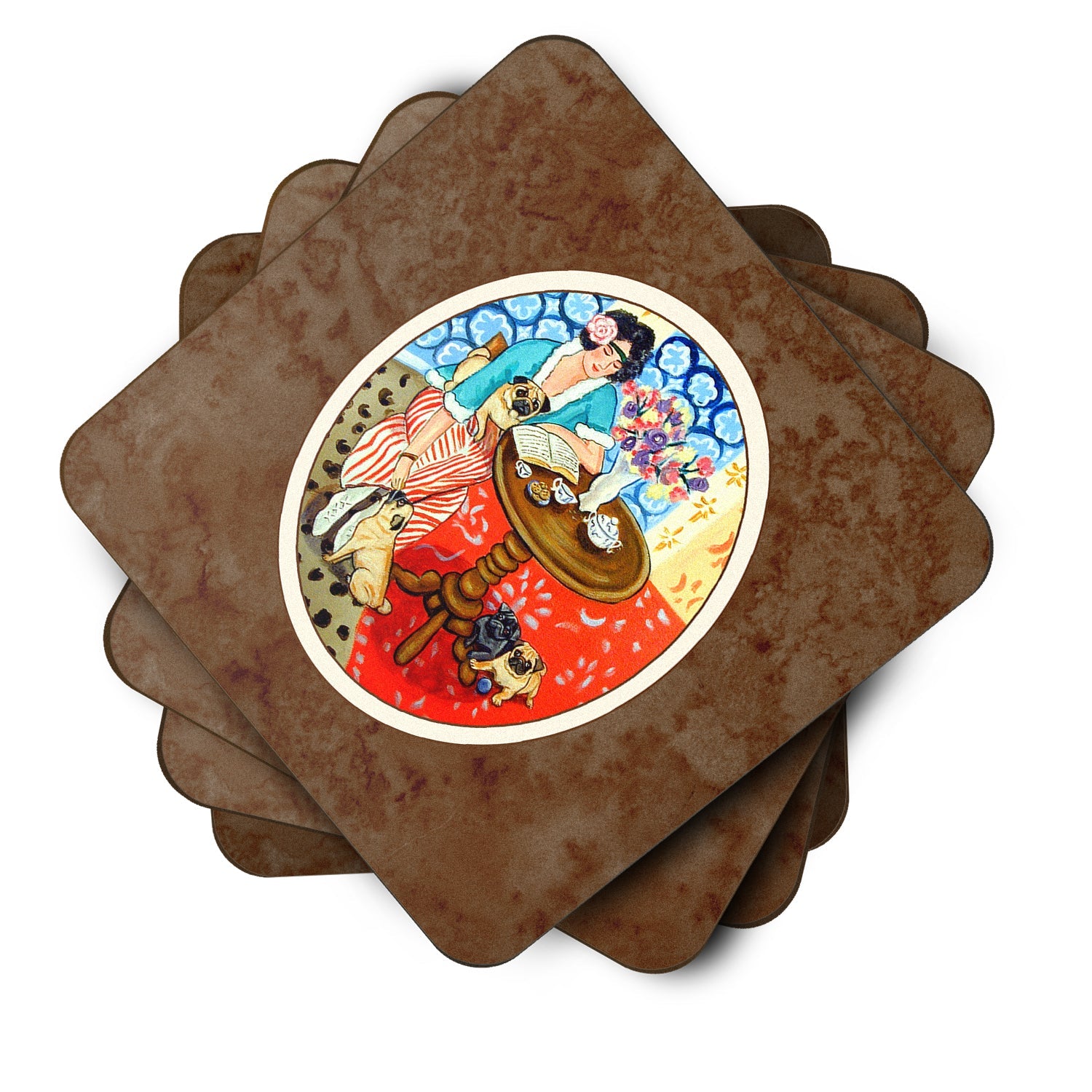 Lady with her Pug Foam Coasters Set of 4 Cup Coasters for Indoor Outdoor, Tabletop Protection, Anti Slip, Mouse pad Material