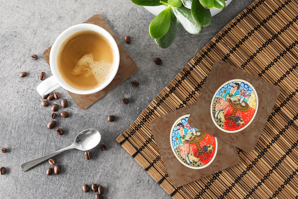 Lady with her Pug Foam Coasters Set of 4 Cup Coasters for Indoor Outdoor, Tabletop Protection, Anti Slip, Mouse pad Material