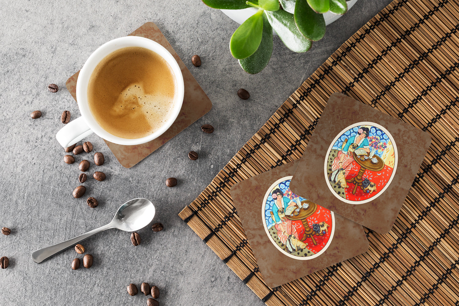 Lady with her Pug Foam Coasters Set of 4 Cup Coasters for Indoor Outdoor, Tabletop Protection, Anti Slip, Mouse pad Material