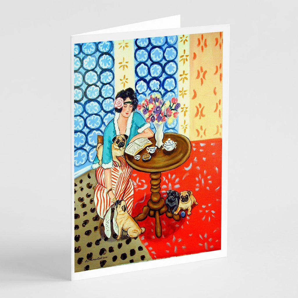 Lady with her Pug Greeting Cards Pack of 8 Blank Cards with Envelopes Whimsical A7 Size 5x7
