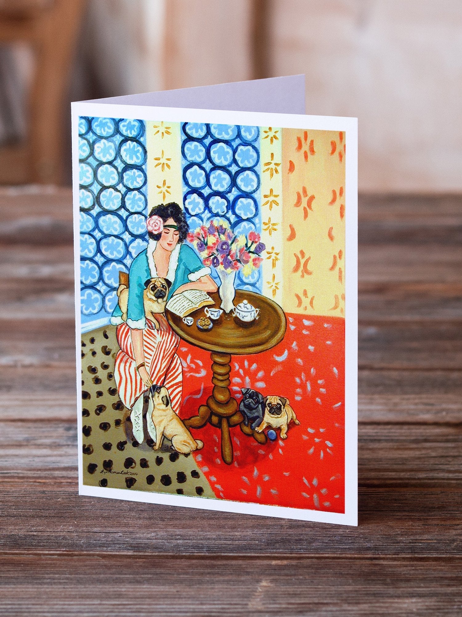 Lady with her Pug Greeting Cards Pack of 8 Blank Cards with Envelopes Whimsical A7 Size 5x7