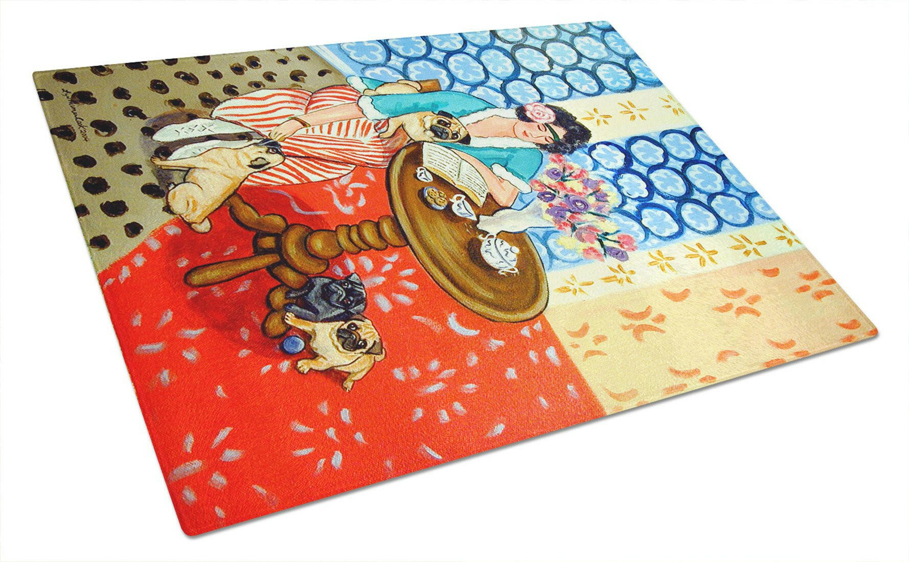 Lady with her Pug Cutting Board Tempered Glass Kitchen Cutting Surface, Heat Resistant Chopping, Non-Slip Feet, Food Prep & Serving