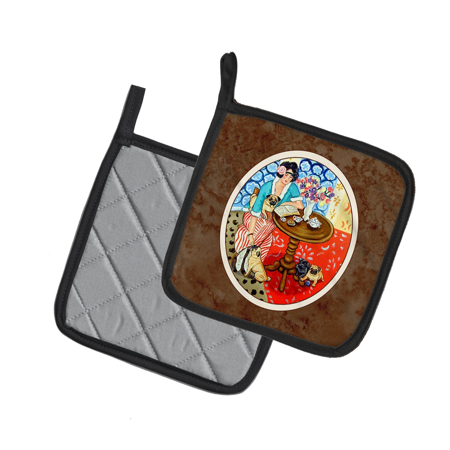 Lady with her Pug Pot Holder Set of 2 Heat Resistant Quilted Hot Pads 7.5 x 7.5 Inch, Insulated Kitchen Trivets for Cooking & Baking