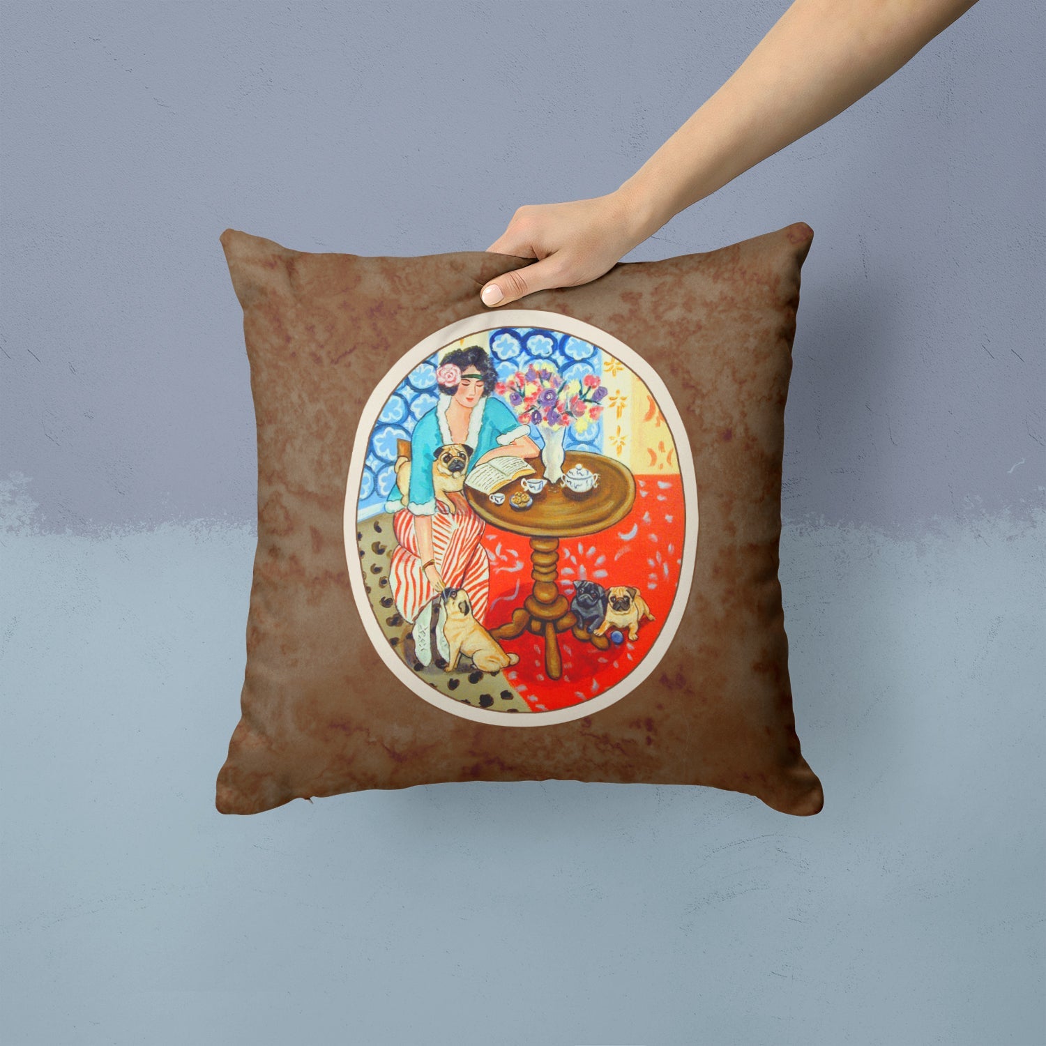Lady with her Pug Decorative Throw Pillow 14x14 Indoor Outdoor Accent Cushion, Fabric Cover with Insert for Sofa, Bed, Porch & Living Room