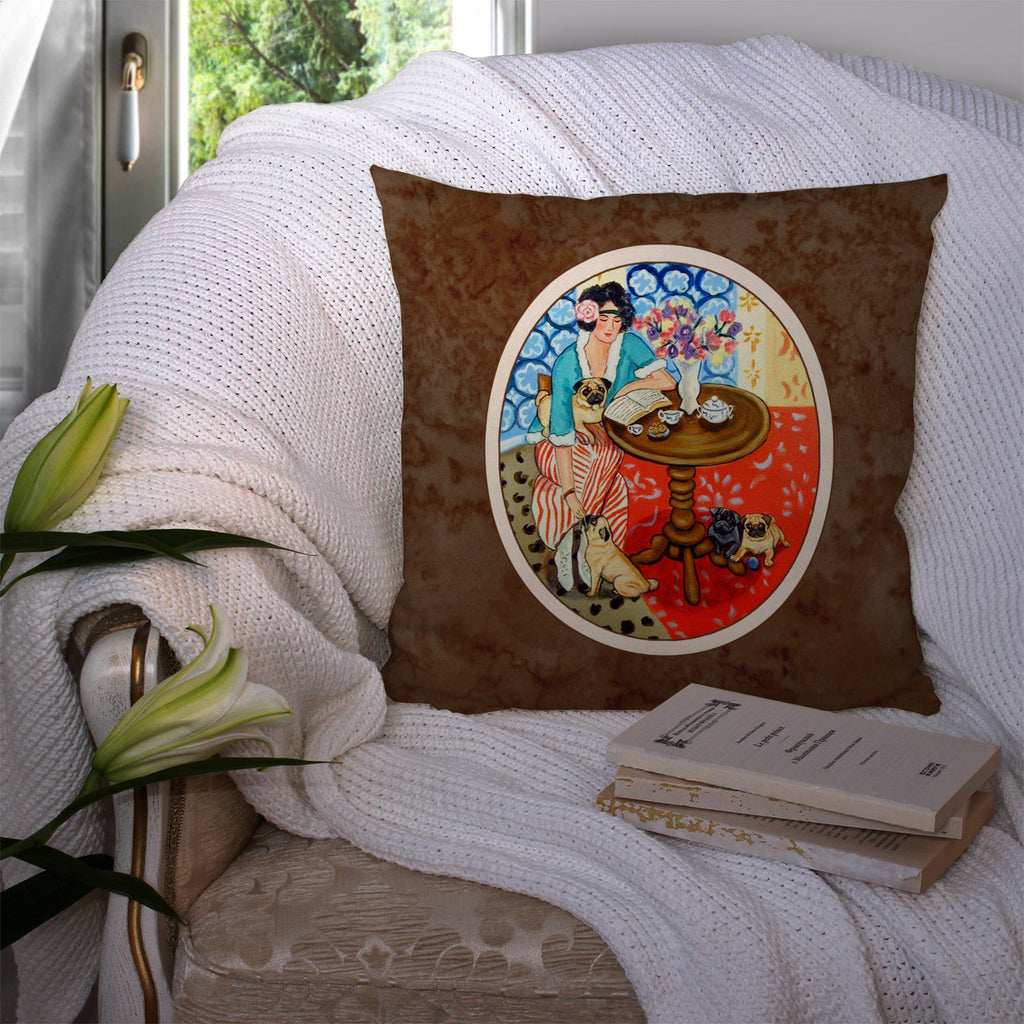 Lady with her Pug Decorative Throw Pillow 14x14 Indoor Outdoor Accent Cushion, Fabric Cover with Insert for Sofa, Bed, Porch & Living Room