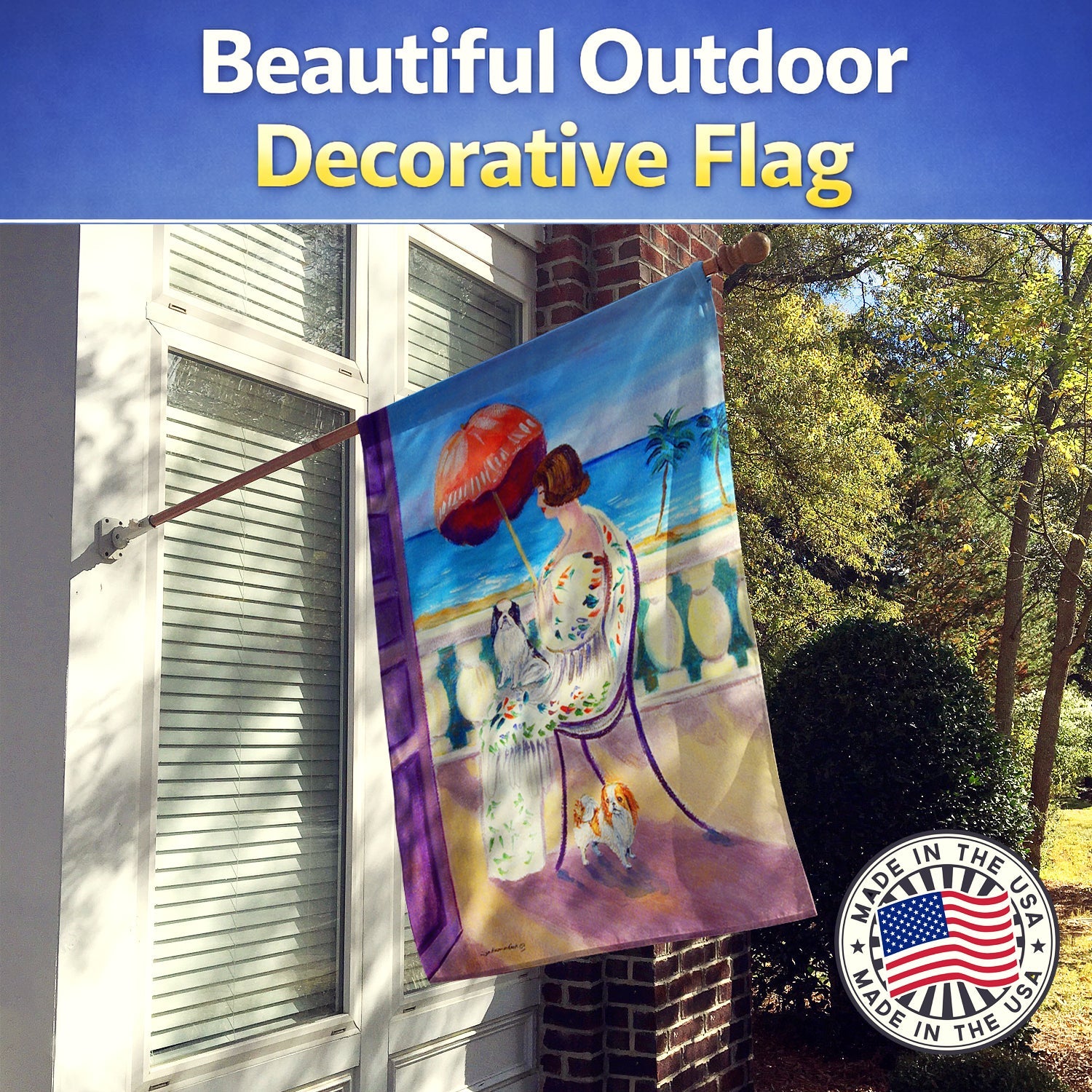 Lady with her Japanese Chin House Flag 28x40 Porch Sleeve Pole Decorative Outside Yard Banner Artwork Wall Hanging, Polyester