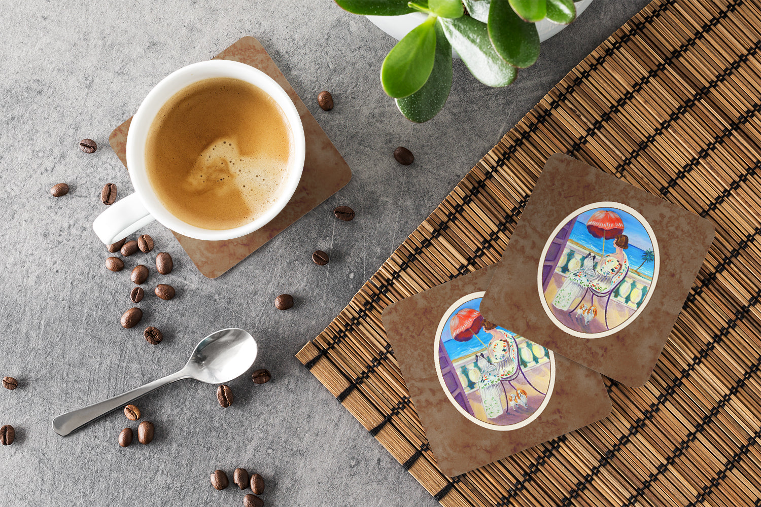 Lady with her Japanese Chin Foam Coasters Set of 4 Cup Coasters for Indoor Outdoor, Tabletop Protection, Anti Slip, Mouse pad Material
