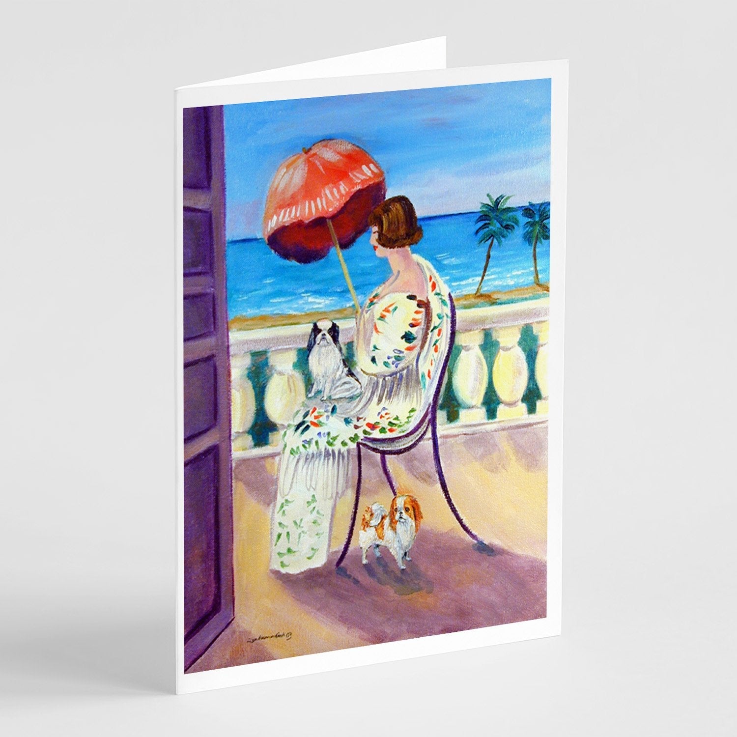 Lady with her Japanese Chin Greeting Cards Pack of 8 Blank Cards with Envelopes Whimsical A7 Size 5x7