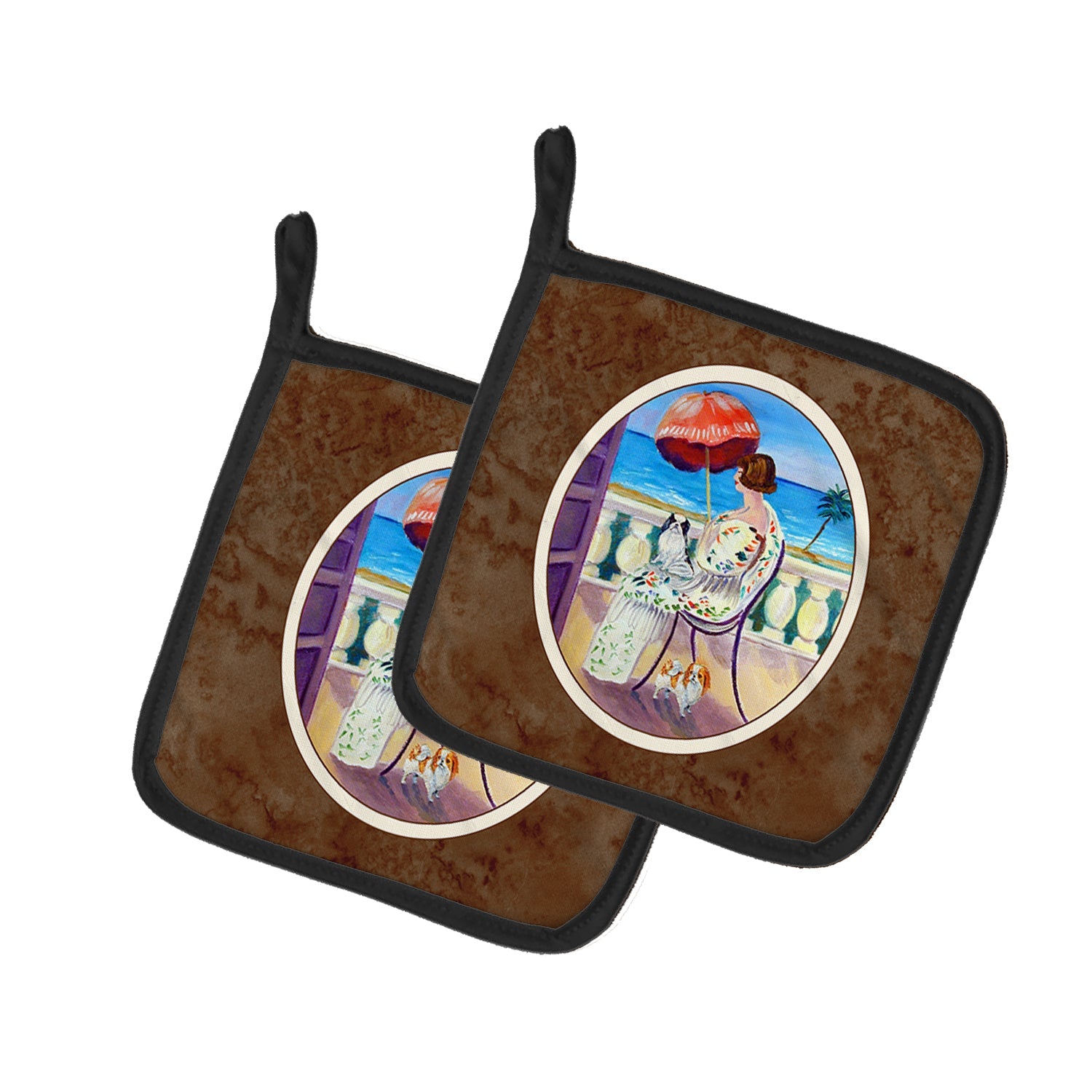 Lady with her Japanese Chin Pot Holder Set of 2 Heat Resistant Quilted Hot Pads 7.5 x 7.5 Inch, Insulated Kitchen Trivets for Cooking & Baking
