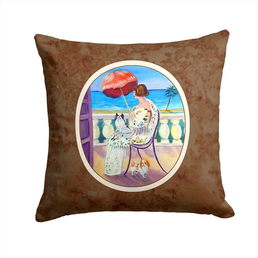 Lady with her Japanese Chin Decorative Throw Pillow 14x14 Indoor Outdoor Accent Cushion, Fabric Cover with Insert for Sofa, Bed, Porch & Living Room