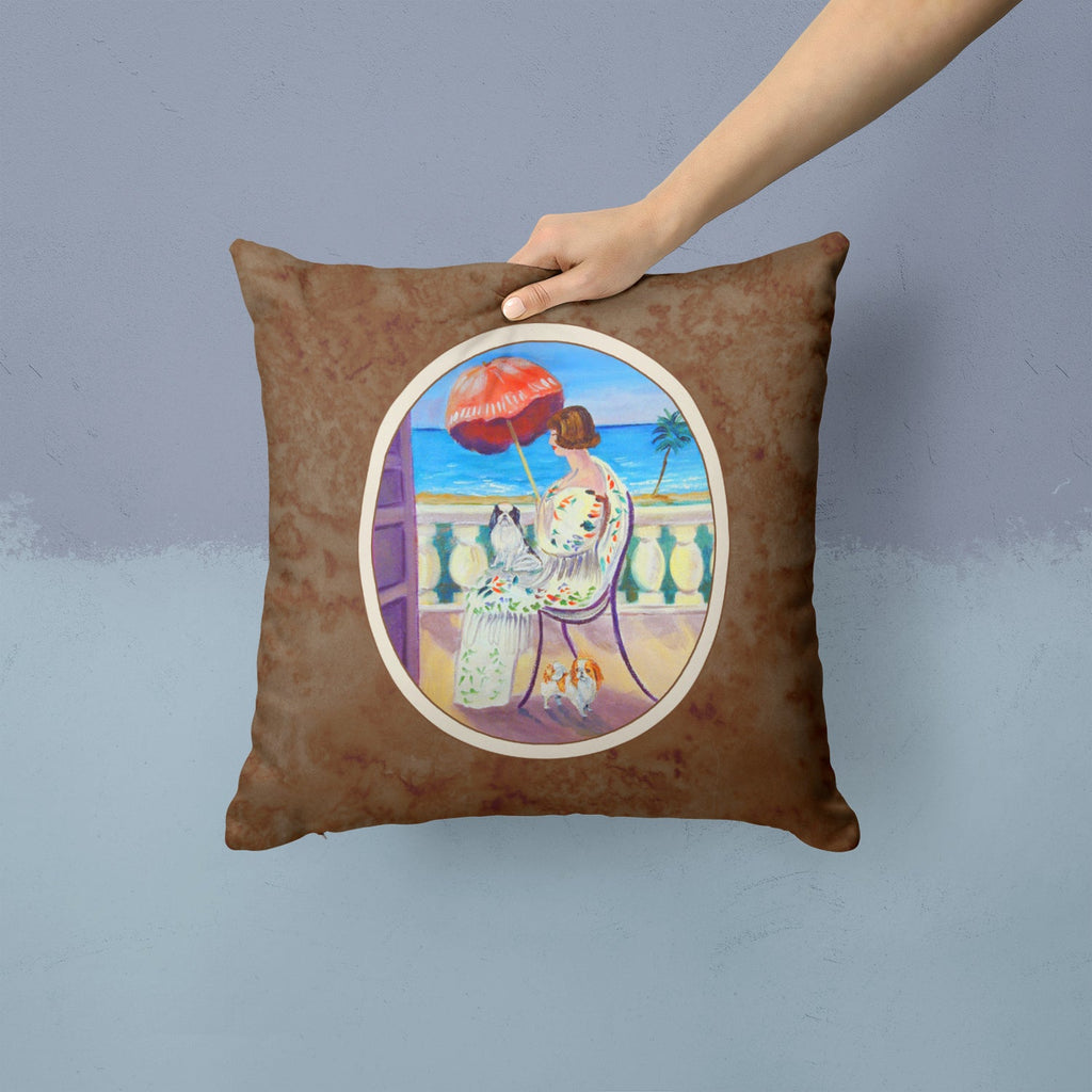Lady with her Japanese Chin Decorative Throw Pillow 14x14 Indoor Outdoor Accent Cushion, Fabric Cover with Insert for Sofa, Bed, Porch & Living Room