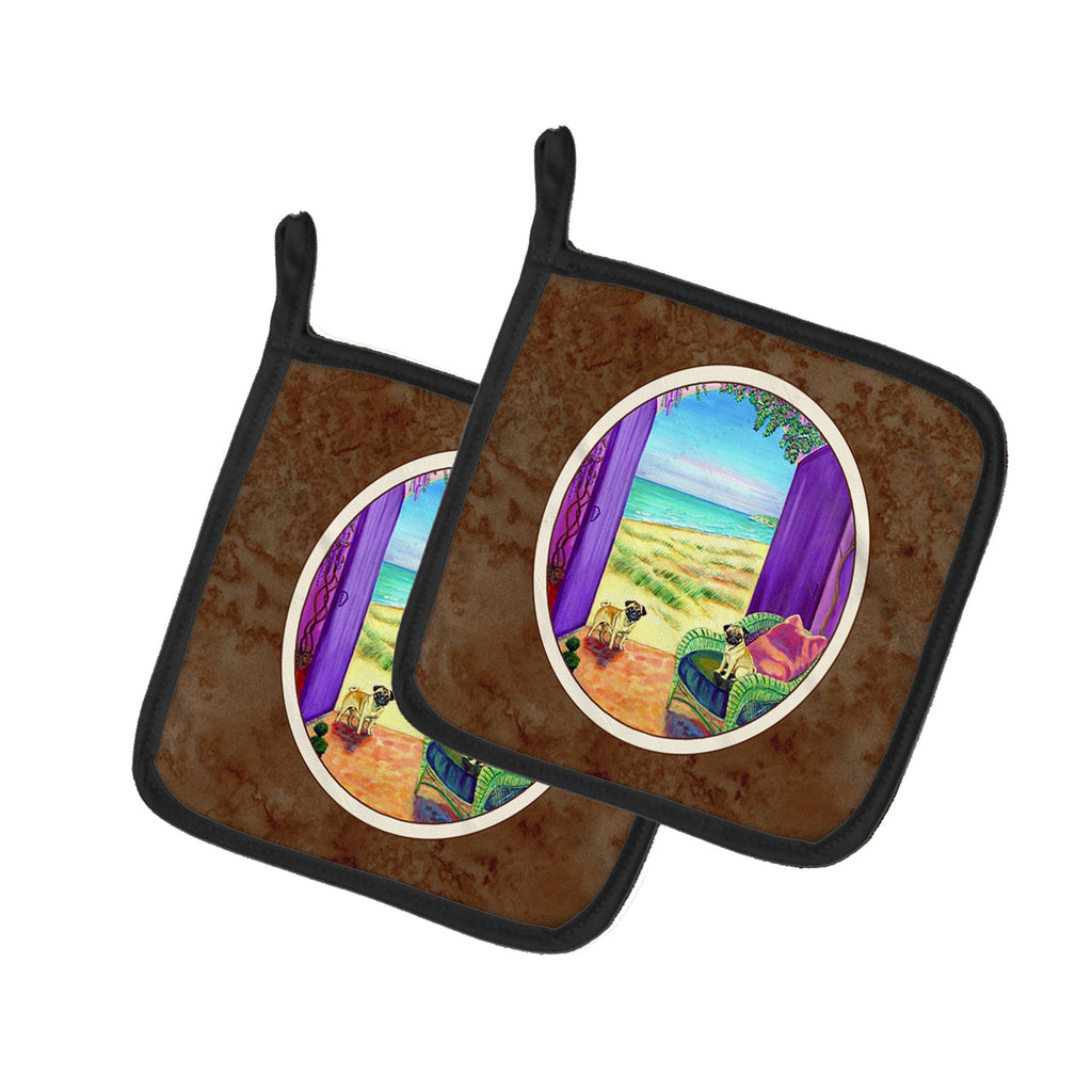 Pug Let's go Outside Pot Holder Set of 2 Heat Resistant Quilted Hot Pads 7.5 x 7.5 Inch, Insulated Kitchen Trivets for Cooking & Baking
