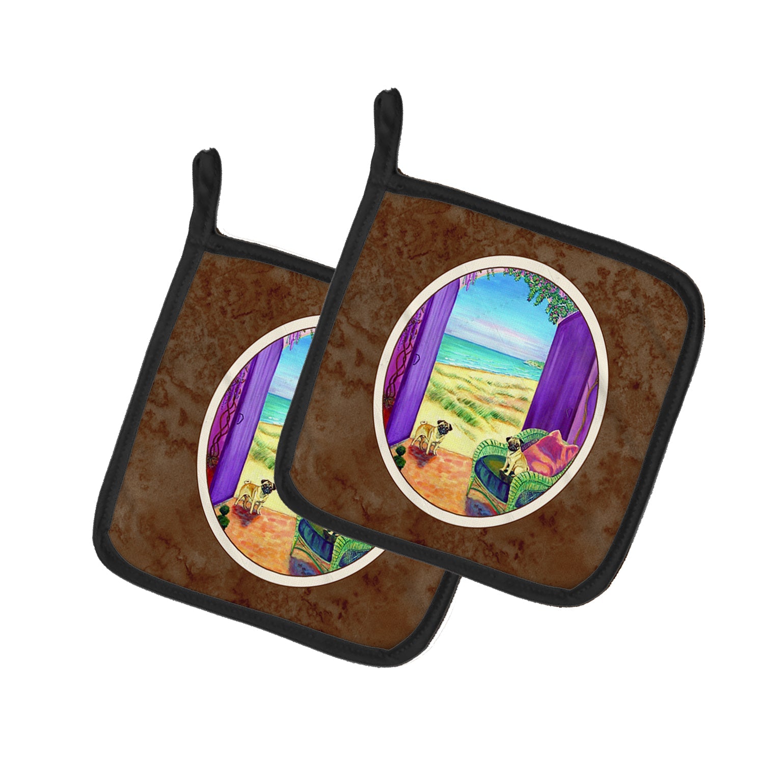Pug Let's go Outside Pot Holder Set of 2 Heat Resistant Quilted Hot Pads 7.5 x 7.5 Inch, Insulated Kitchen Trivets for Cooking & Baking