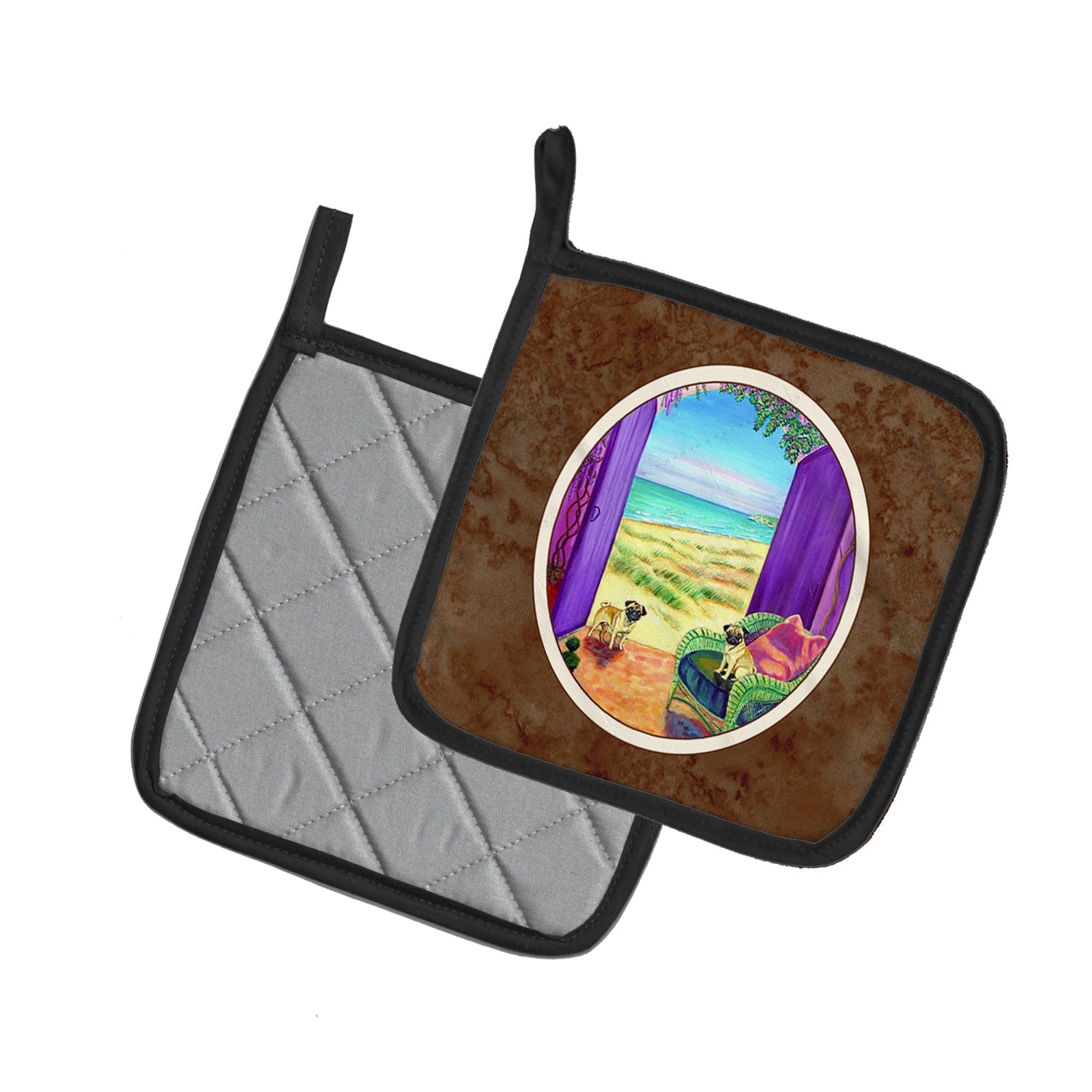 Pug Let's go Outside Pot Holder Set of 2 Heat Resistant Quilted Hot Pads 7.5 x 7.5 Inch, Insulated Kitchen Trivets for Cooking & Baking