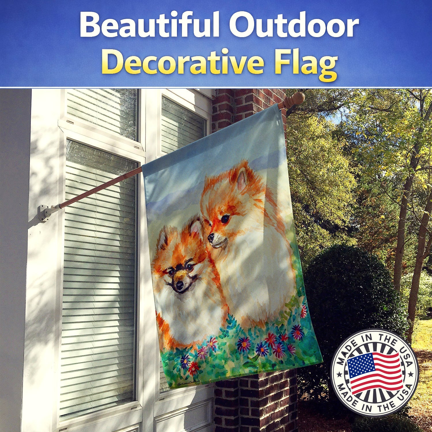 Pomeranian House Flag 28x40 Porch Sleeve Pole Decorative Outside Yard Banner Artwork Wall Hanging, Polyester