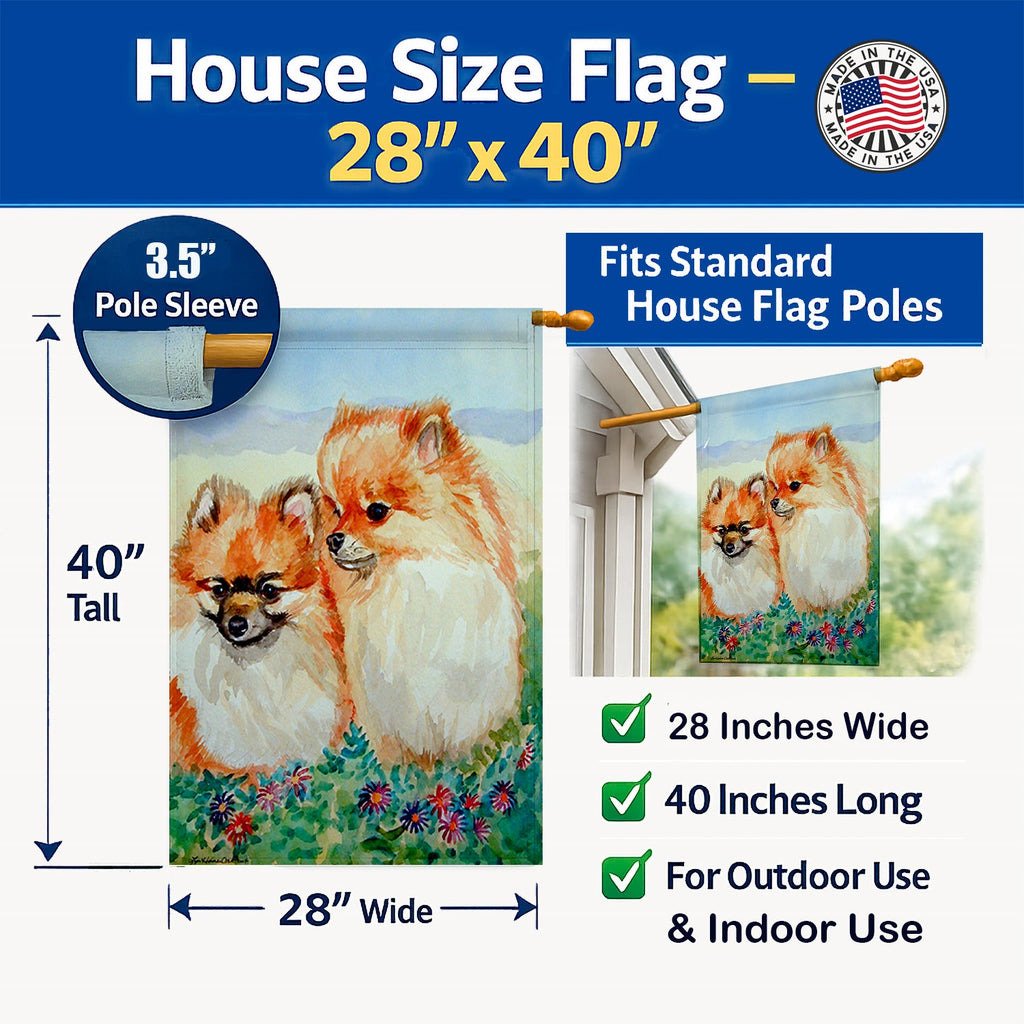 Pomeranian House Flag 28x40 Porch Sleeve Pole Decorative Outside Yard Banner Artwork Wall Hanging, Polyester