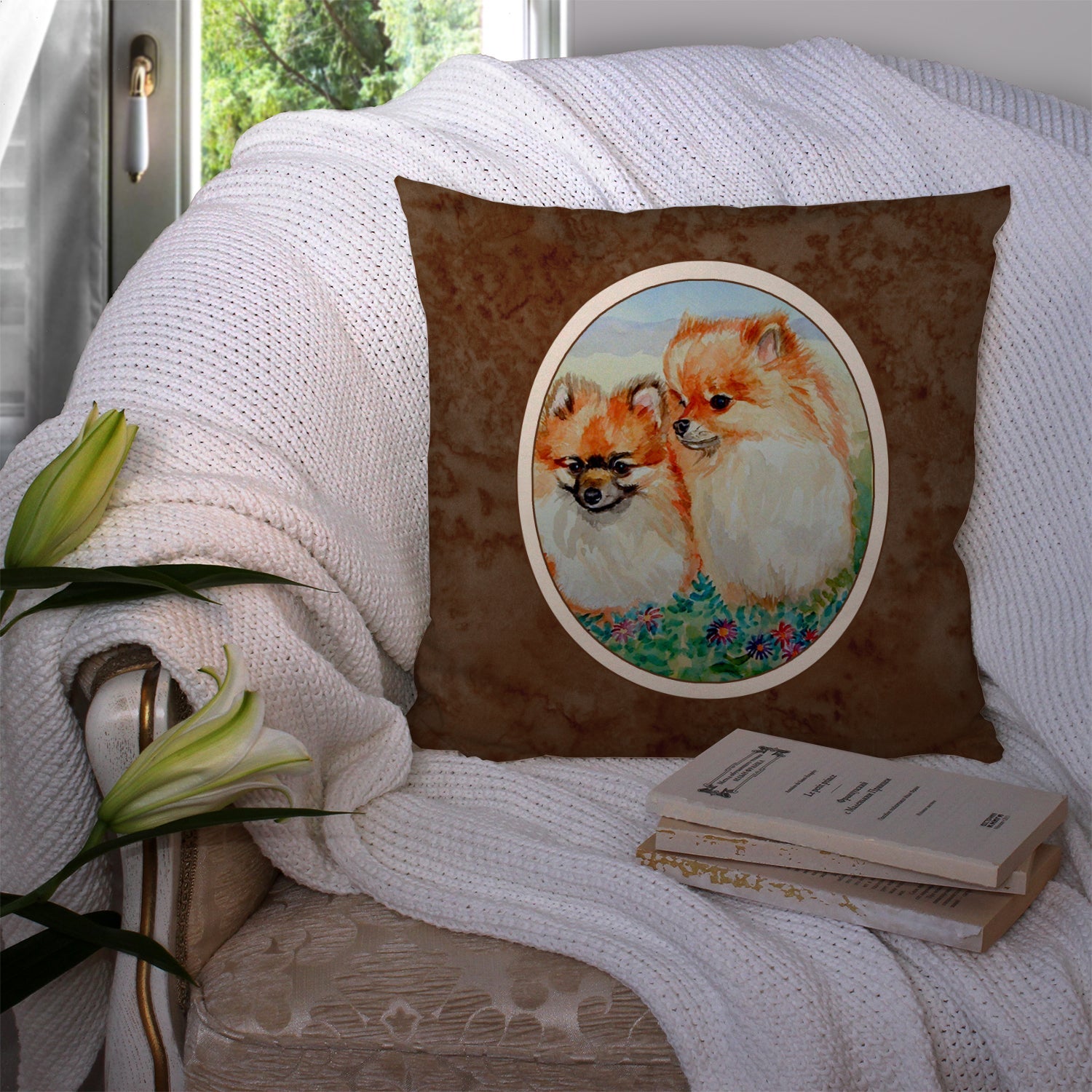 Pomeranian Decorative Throw Pillow 14x14 Indoor Outdoor Accent Cushion, Fabric Cover with Insert for Sofa, Bed, Porch & Living Room