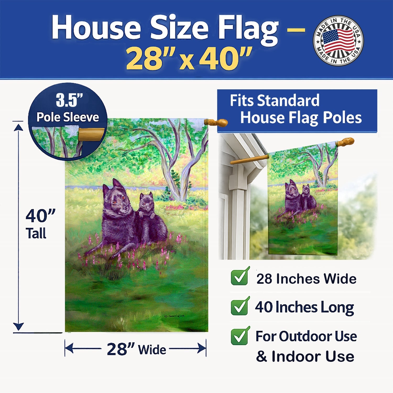 Schipperke and puppy House Flag 28x40 Porch Sleeve Pole Decorative Outside Yard Banner Artwork Wall Hanging, Polyester