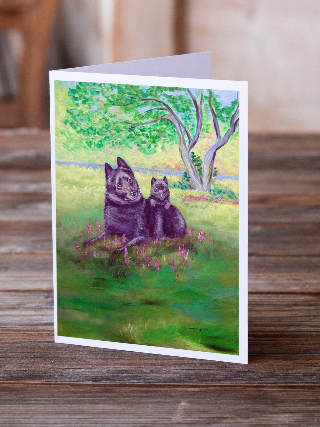 Schipperke and puppy Greeting Cards Pack of 8 Blank Cards with Envelopes Whimsical A7 Size 5x7