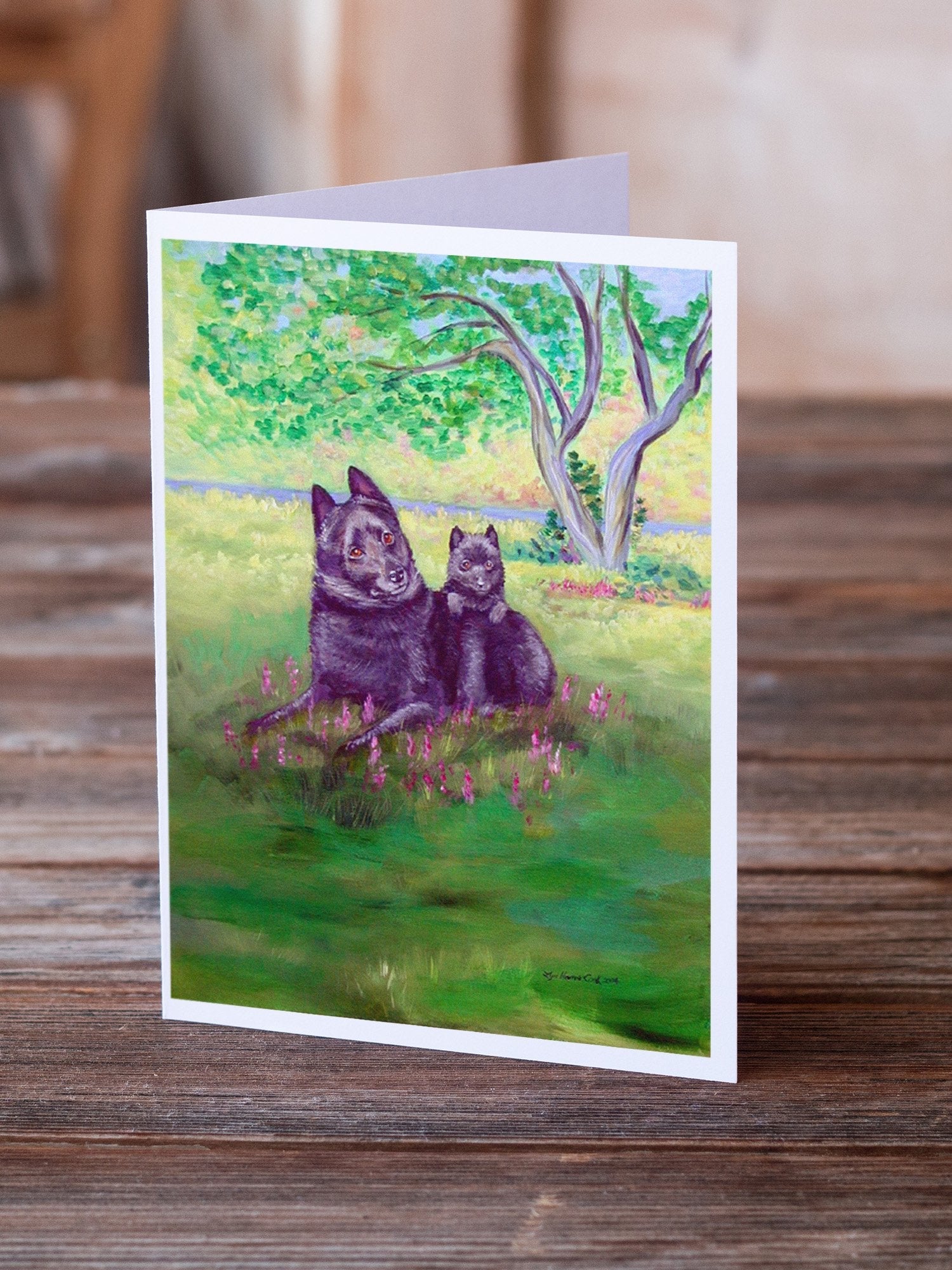 Schipperke and puppy Greeting Cards Pack of 8 Blank Cards with Envelopes Whimsical A7 Size 5x7