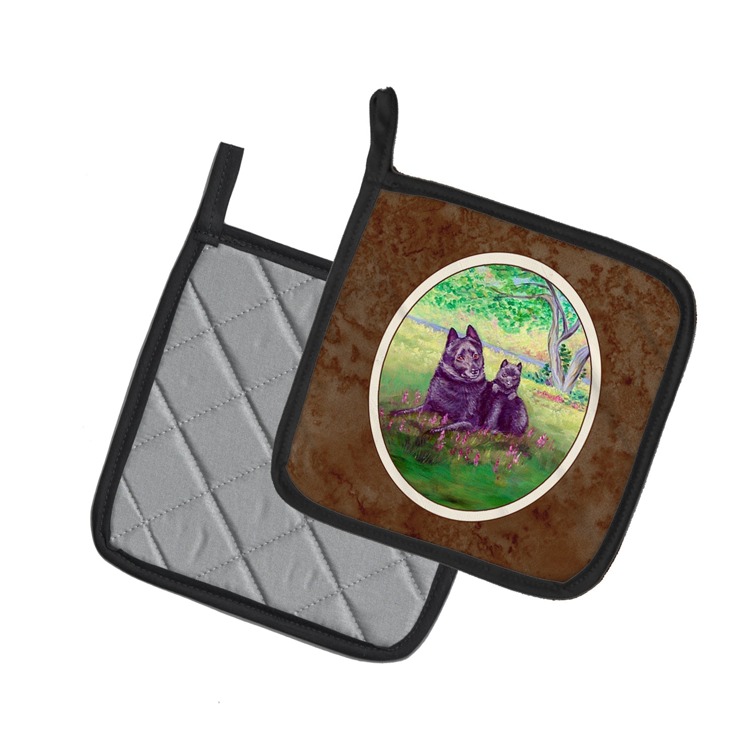 Schipperke and puppy Pot Holder Set of 2 Heat Resistant Quilted Hot Pads 7.5 x 7.5 Inch, Insulated Kitchen Trivets for Cooking & Baking