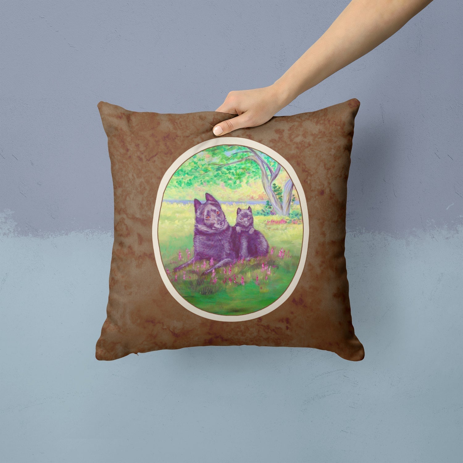Schipperke and puppy Decorative Throw Pillow 14x14 Indoor Outdoor Accent Cushion, Fabric Cover with Insert for Sofa, Bed, Porch & Living Room