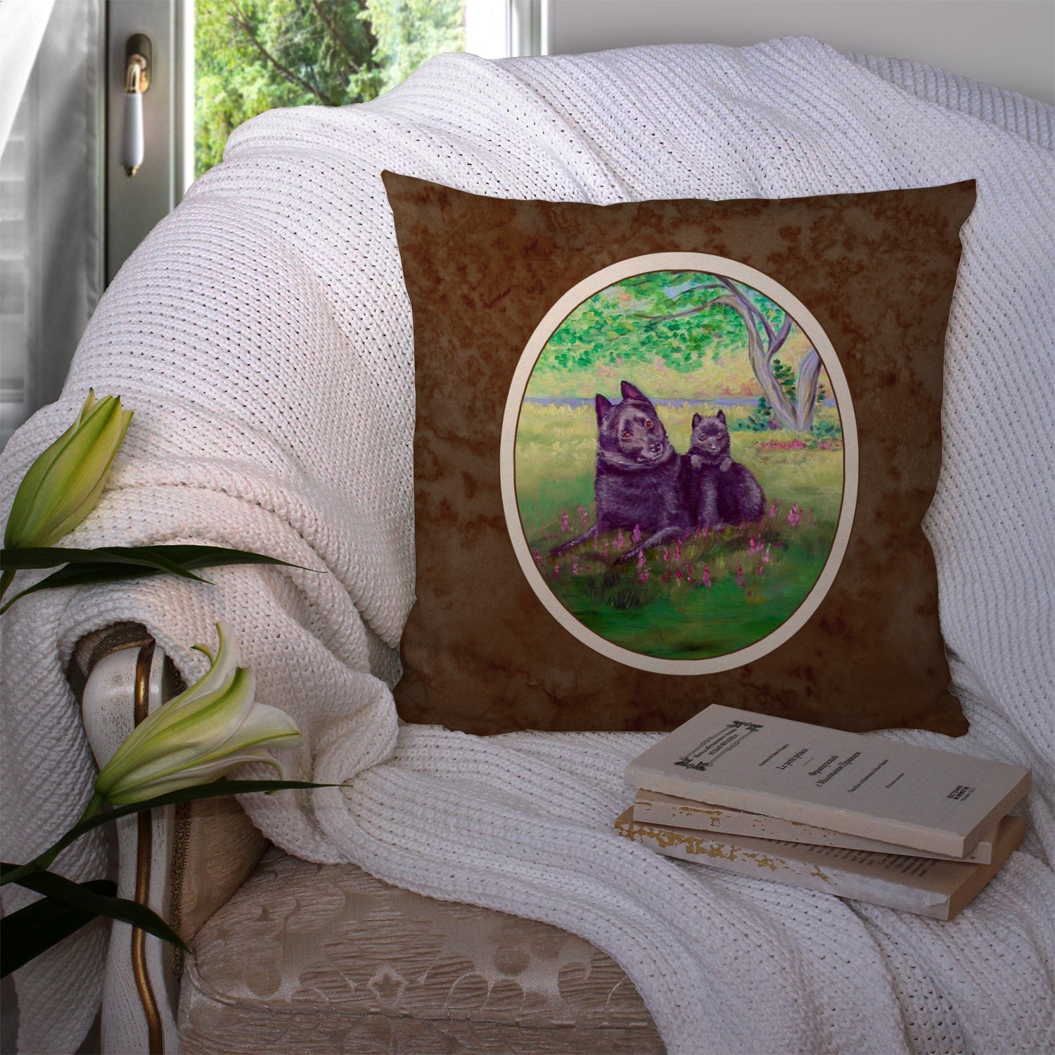 Schipperke and puppy Decorative Throw Pillow 14x14 Indoor Outdoor Accent Cushion, Fabric Cover with Insert for Sofa, Bed, Porch & Living Room