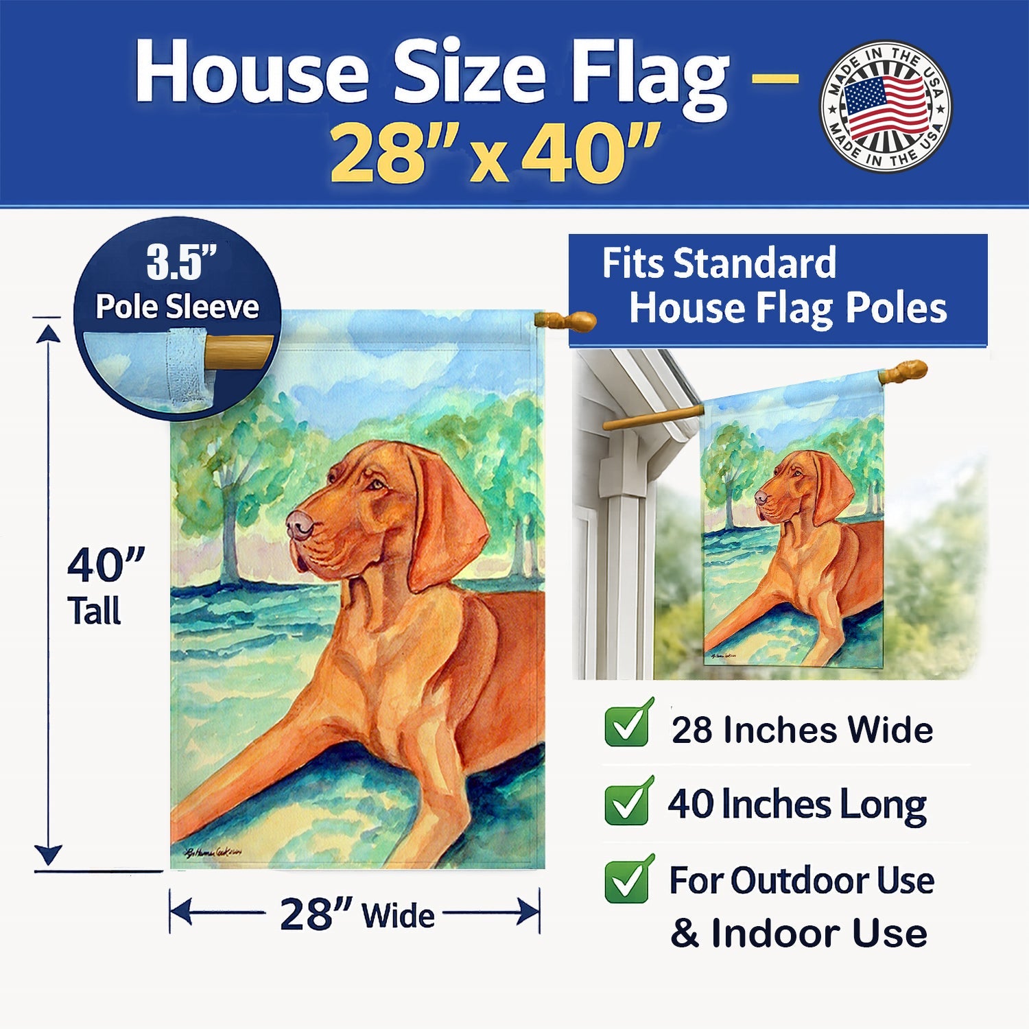 Vizsla House Flag 28x40 Porch Sleeve Pole Decorative Outside Yard Banner Artwork Wall Hanging, Polyester
