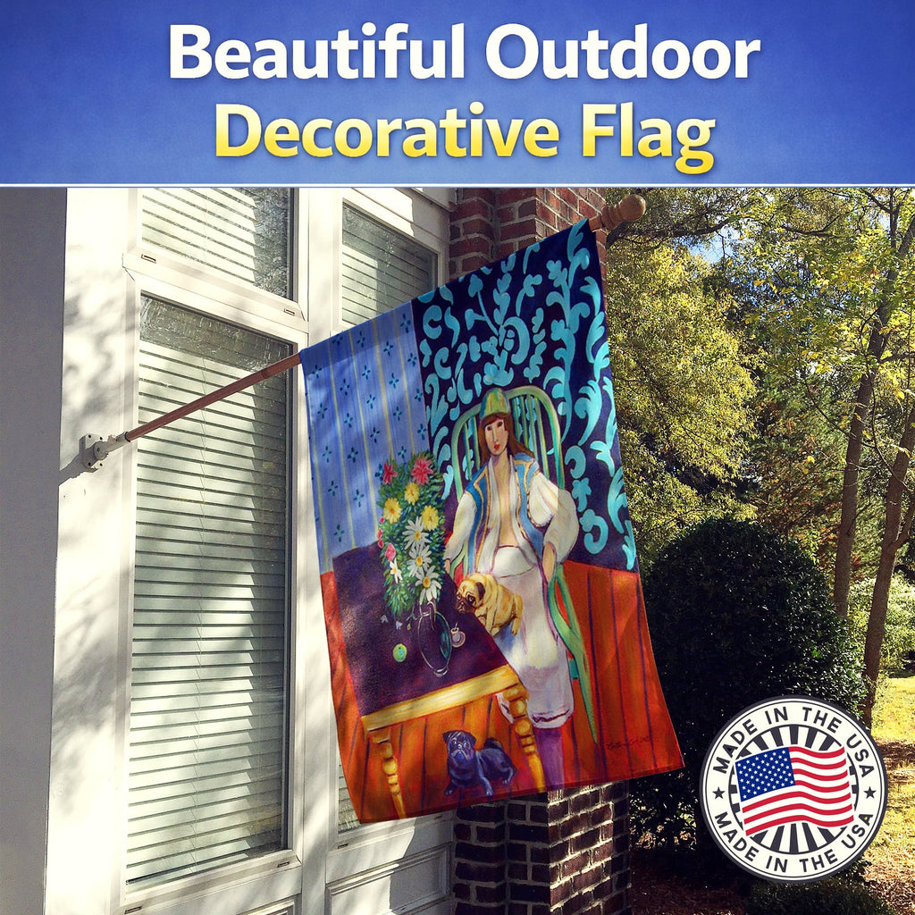 Lady with her Pug House Flag 28x40 Porch Sleeve Pole Decorative Outside Yard Banner Artwork Wall Hanging, Polyester