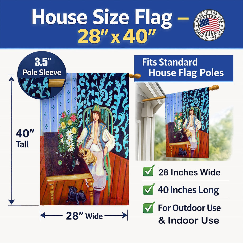 Lady with her Pug House Flag 28x40 Porch Sleeve Pole Decorative Outside Yard Banner Artwork Wall Hanging, Polyester