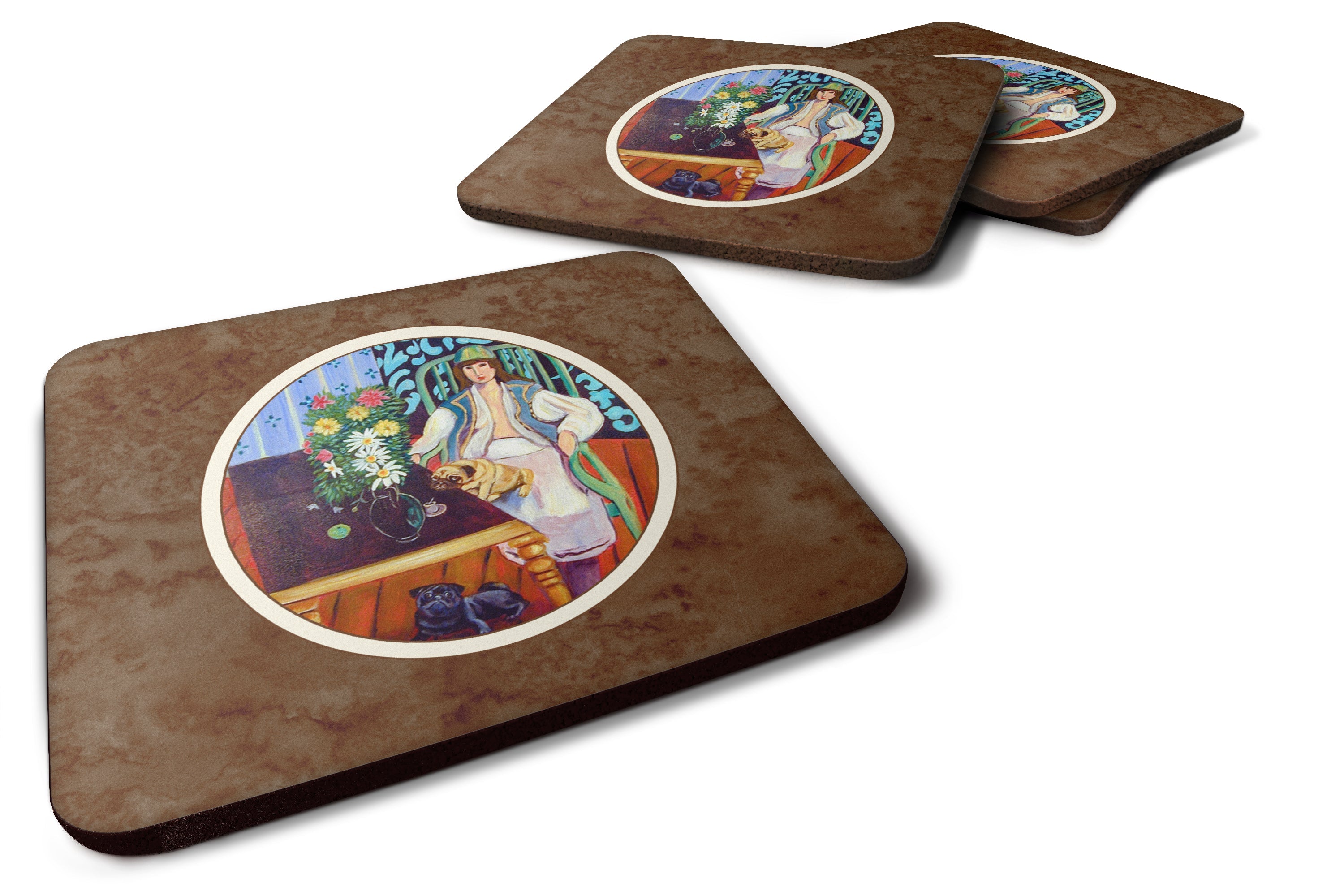 Lady with her Pug Foam Coasters Set of 4 Cup Coasters for Indoor Outdoor, Tabletop Protection, Anti Slip, Mouse pad Material